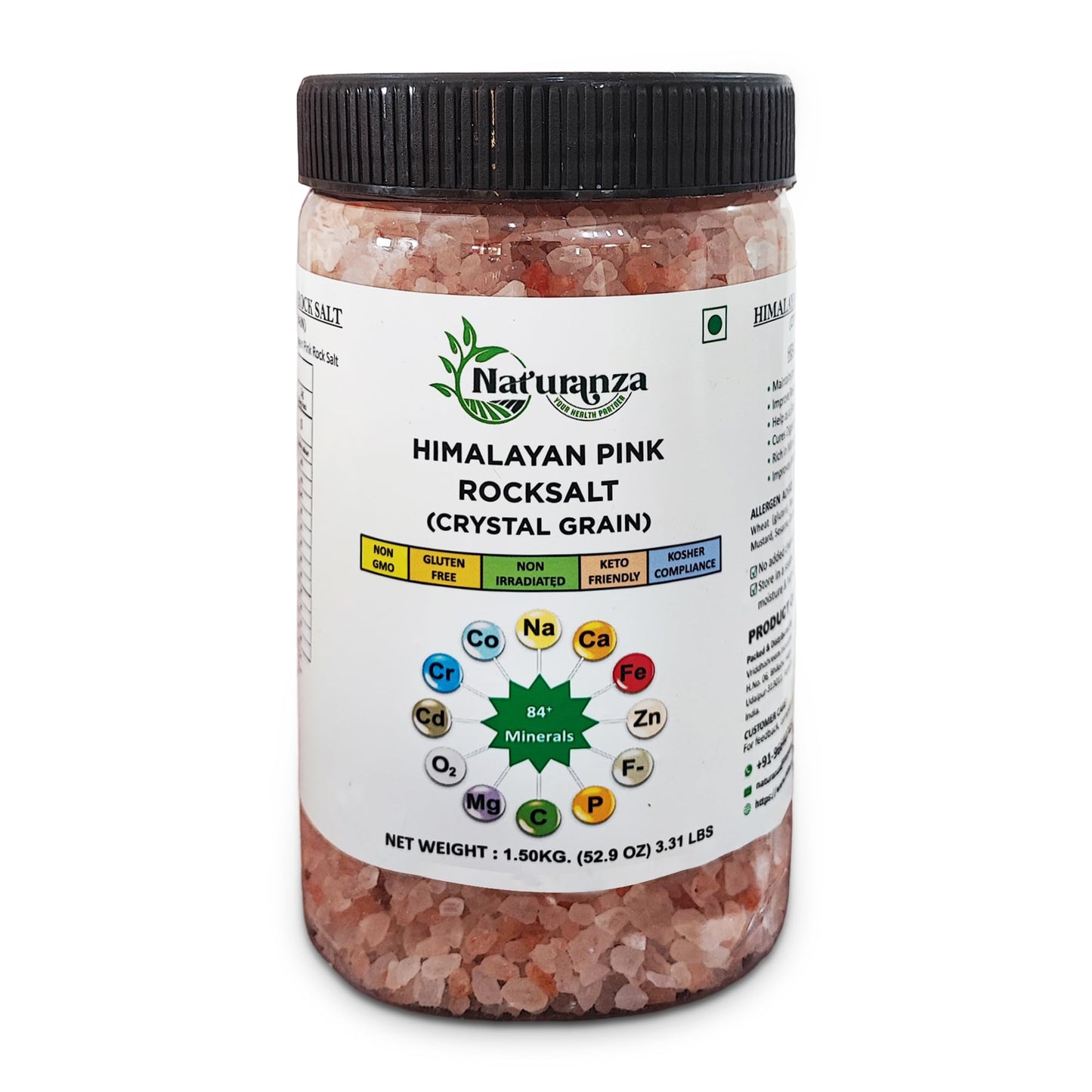 Naturanza Himalayan Pink Rock Salt Crystal Grain, 52.9 OZ, 100% Pure, Mineral-Rich, Non-GMO, Gluten-Free, Kosher