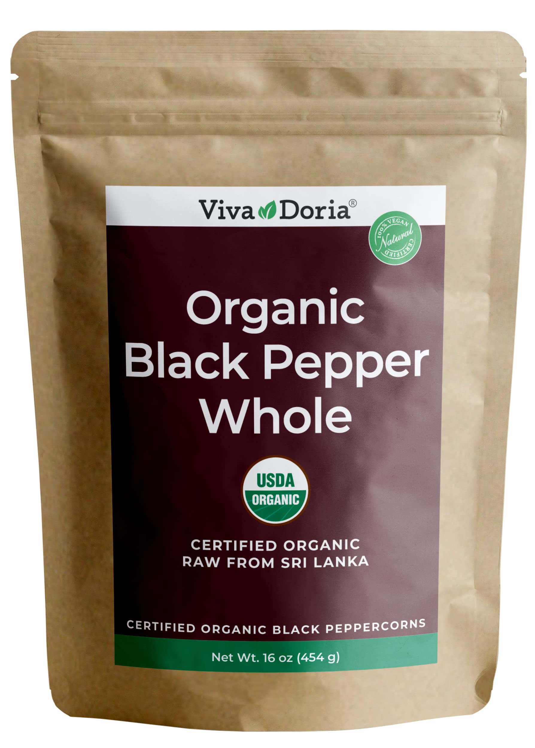 Viva Doria Organic Ceylon Whole Black Peppercorns, 16 oz, For Grinder Refills