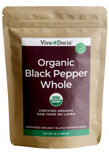 Viva Doria Organic Ceylon Whole Black Peppercorns, 16 oz, For Grinder Refills