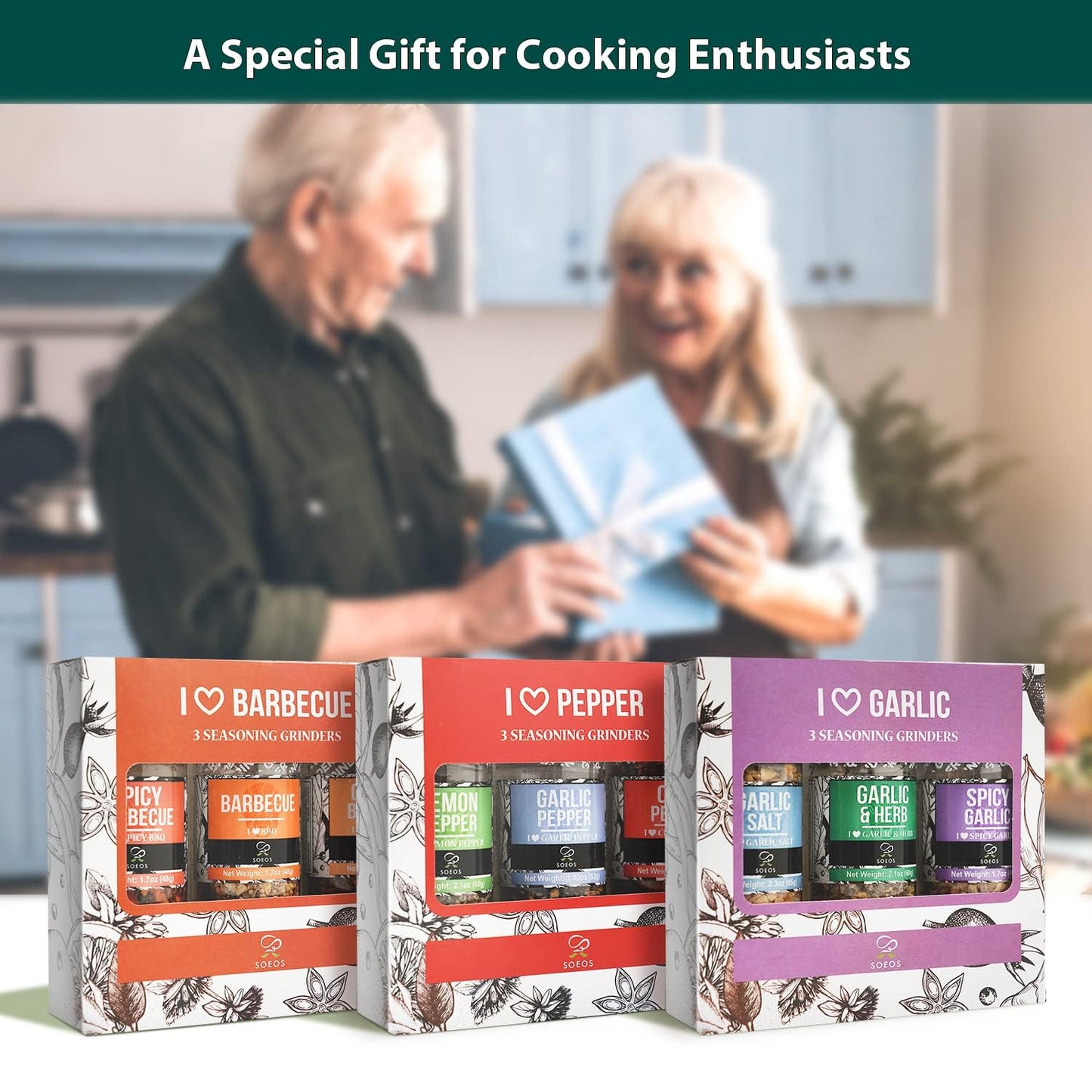 Soeos Spice Seasoning Set of 9 with Integrated Grinders, Individual Spice Grinder, Pure and Fresh Perfect for BBQ Seasoning Gift