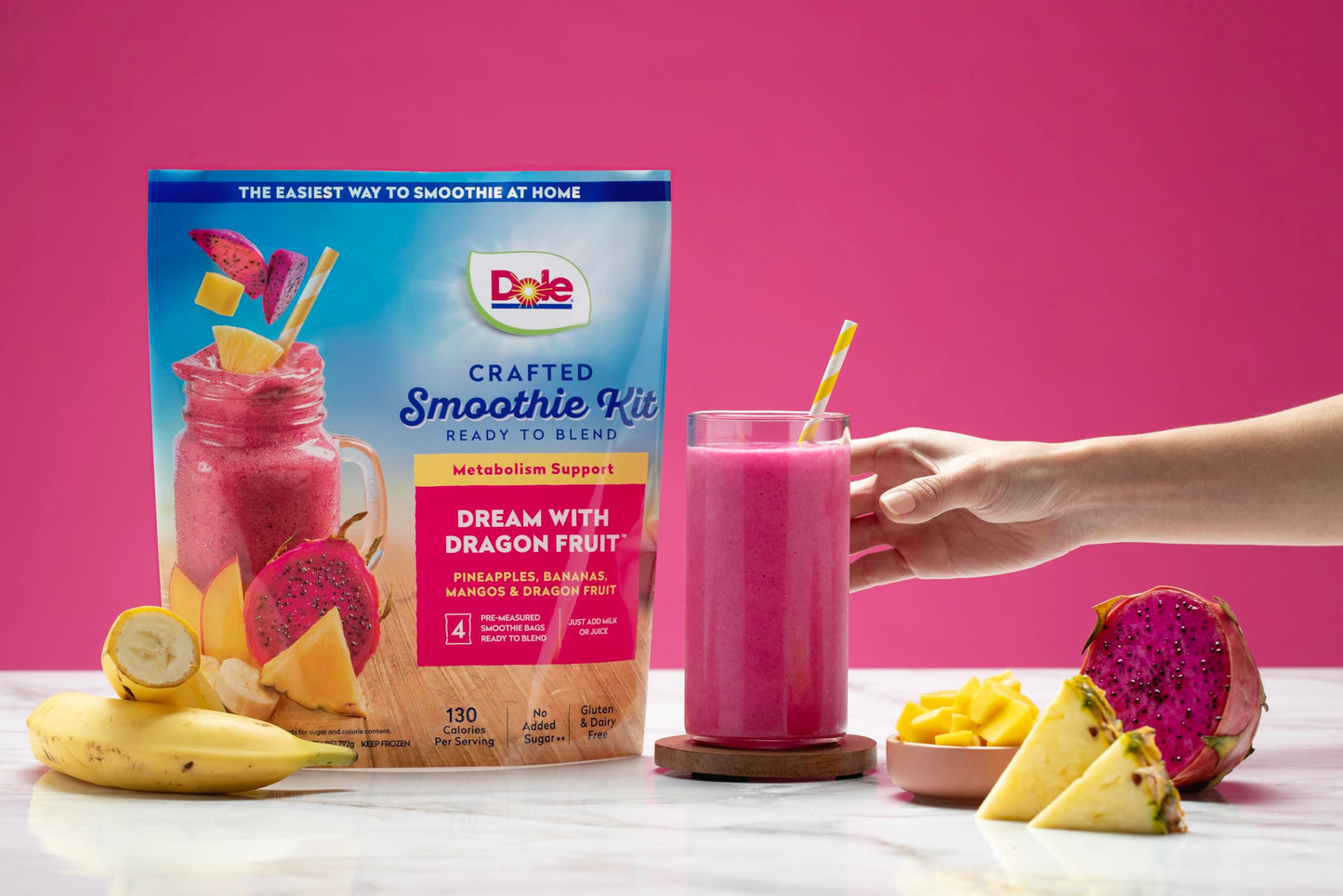 Dole Dream with Dragon Fruit Smoothie Kit - Frozen Crafted Smoothie Blend for Metabolism Support - Includes 4 Pre-Measured Bags