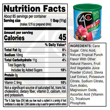4C Reduced Sugar Powdered Drink Mix Canisters, Iced Tea 3 Pack, 28 Quarts, Family Sized Canister, Thirst Quenching & Refreshing Flavors (Fruit Punch, 33.1 Ounce (Pack Of 3))