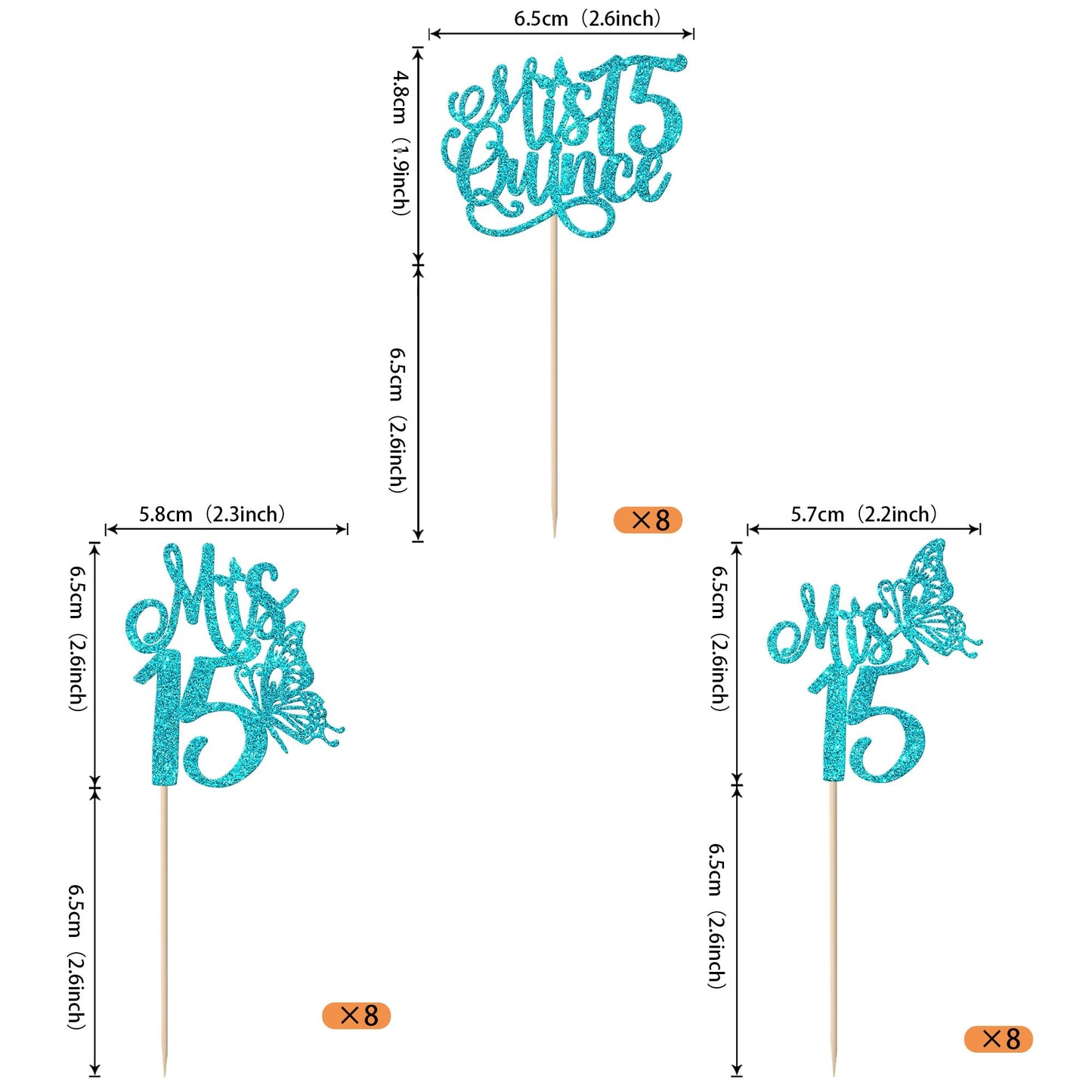 Rssta i Cupcake Toppers 24 Pack Glitter Picks for 15th Birthday Party Decorations - Blue Design