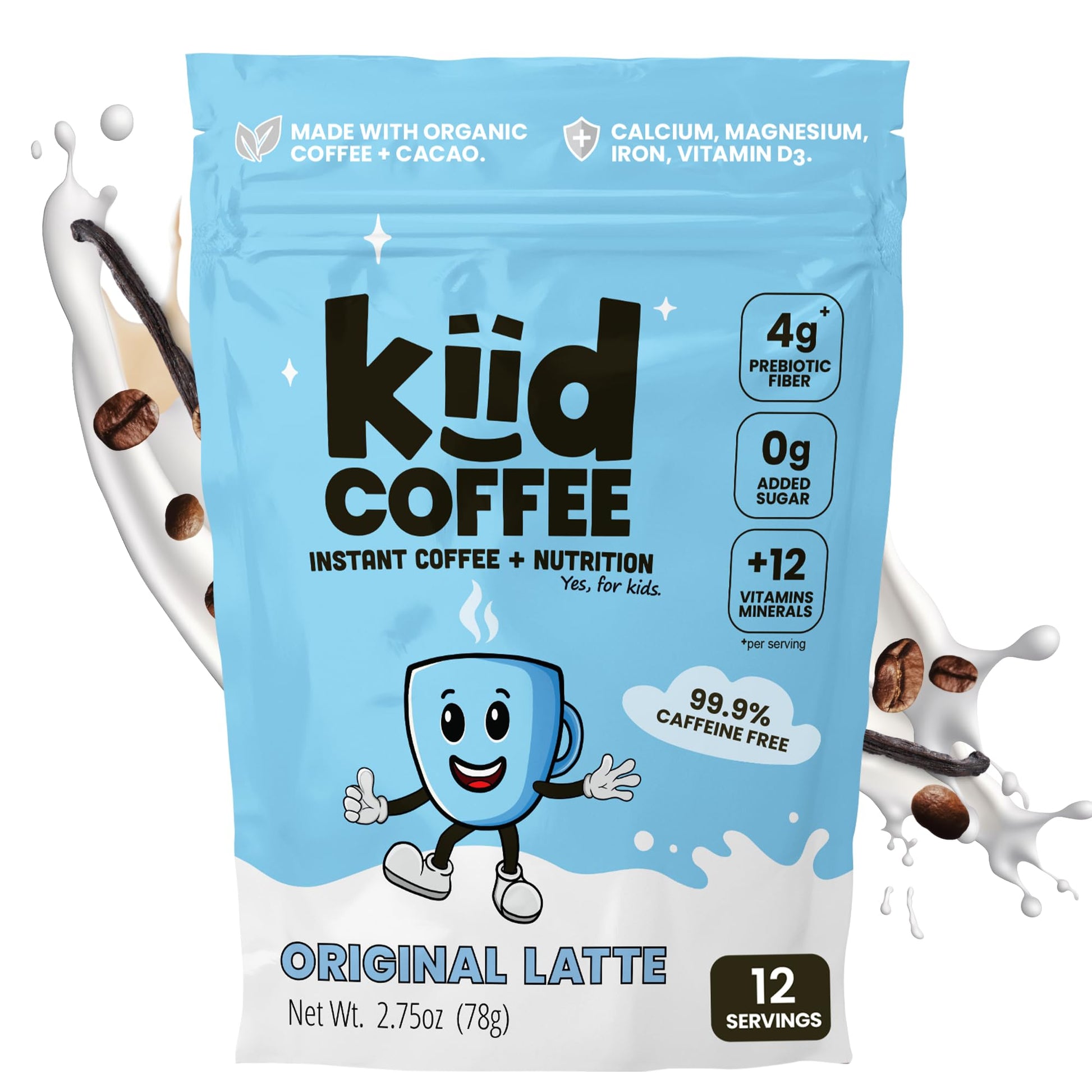 Kiid Coffee - 99.9% Caffeine-Free Organic Coffee for Kids - As Seen on Shark Tank - 12 Vitamins & Minerals  4g Prebiotics  0g Sugar - Non-GMO & Gluten-Free - Healthy Snack - Original - 12 Servings