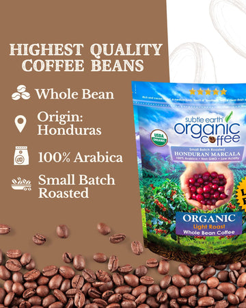 Subtle Earth Organic Coffee - Light Roast - Whole Bean Coffee - 100% Arabica Beans - Low Acidity And Non-Gmo - 2Lb Bag