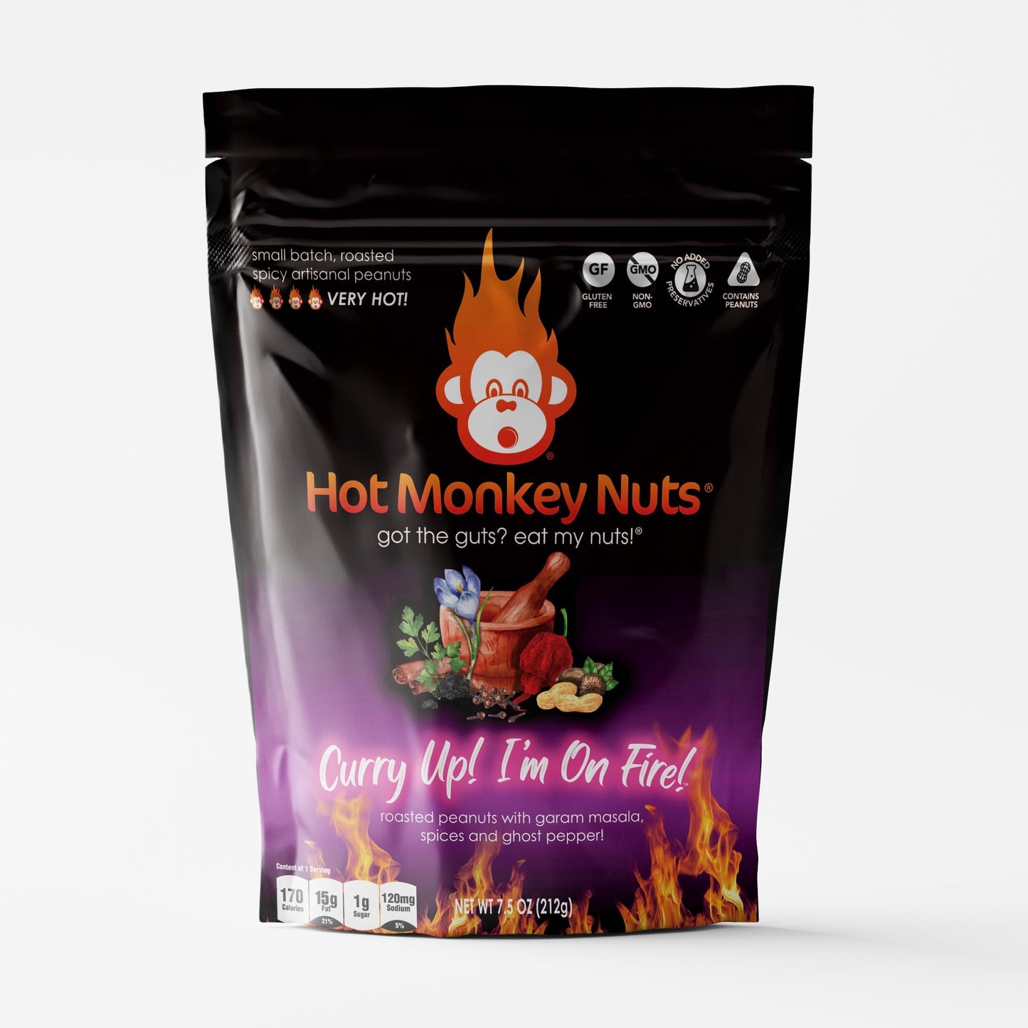 Hot Monkey Nuts Spicy Artisanal Peanuts | 3-Pack Very Spicy Peanuts | Hot-Winged Reaper, Curry Up, I'M On Fire, & 3-Alarm Garlic
