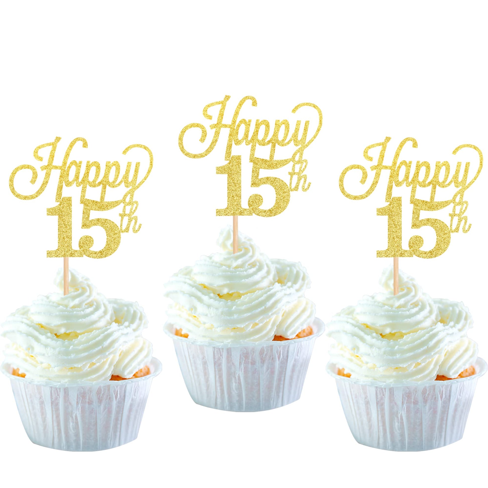 YCTHUNFISH 24 Pack Cupcake Toppers Glitter Number 15 Gold Bamboo Decorations for 15th Birthday Party
