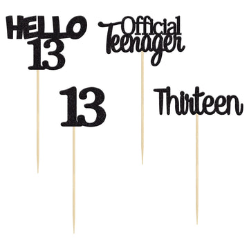 Gyufise 24Pcs Black Glitter 13Th Birthday Cupcake Toppers Hello 13 Thirteen Cake Toppers Official Teenager Cupcake Picks 13Th Bi