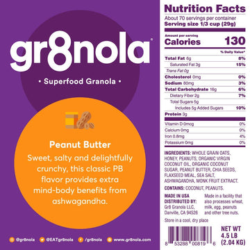 Gr8Nola Peanut Butter - Healthy, Low Sugar Bulk Granola Cereal - Made With Superfoods Peanuts, Ashwagandha, And Chia Seeds, Soy Free, Dairy Free And No Refined Sugar - 4.5Lb Resealable Bag