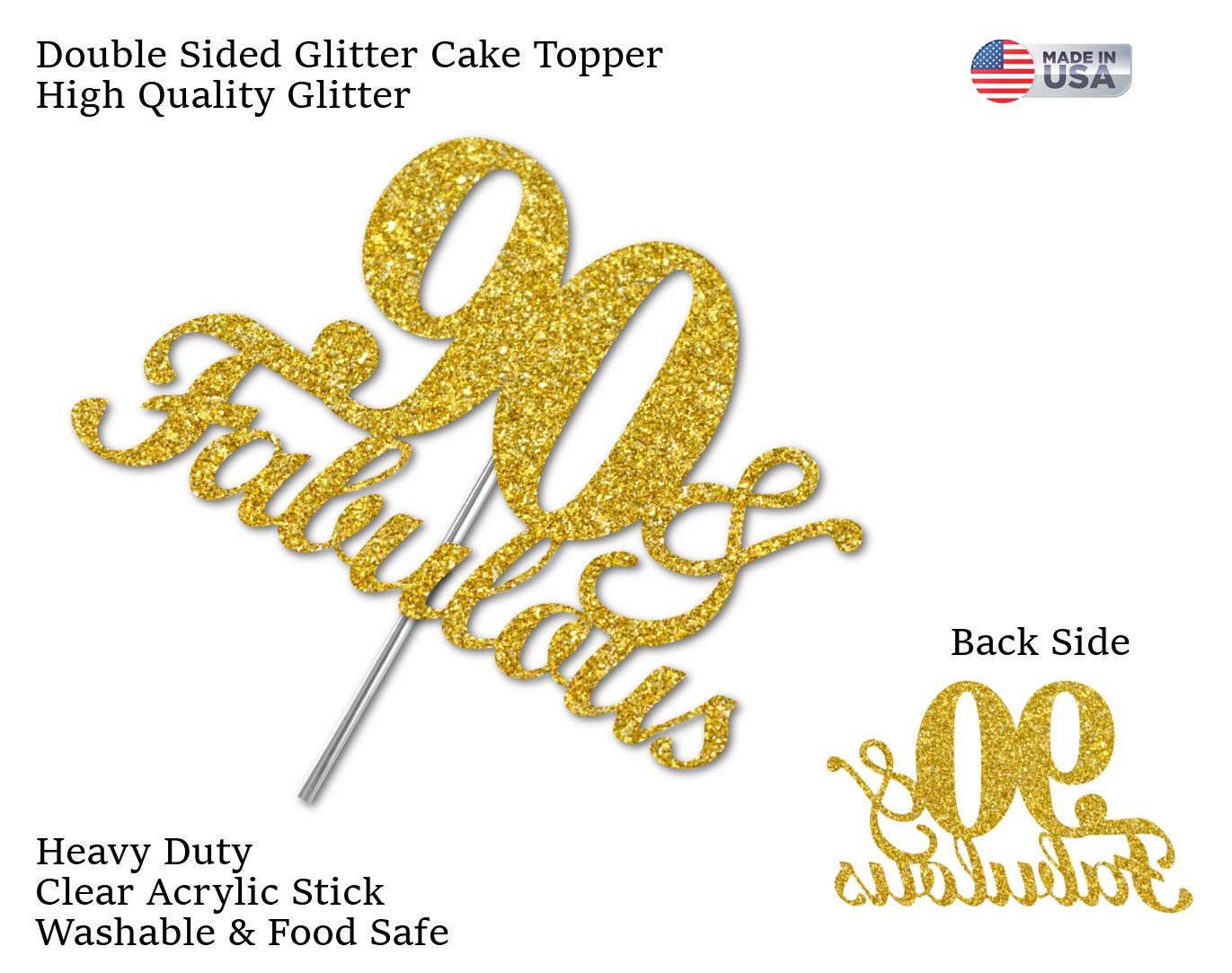 RokAPary 90th Birthday Cake Topper, Gold Glitter, Premium Quality Acrylic, Sturdy Double-Sided, Model RCTF