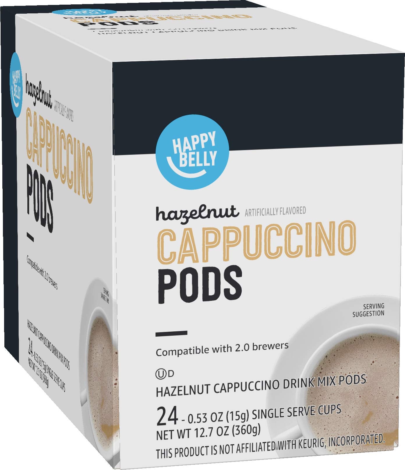 Happy Belly Cappuccino Coffee Pods, Hazelnut Flavored, 24 Count, Compatible with K-Cup Brewers, Creamy Tan