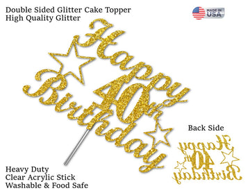 40 Birthday Cake Topper Gold Glitter, Party Decoration Ideas, Premium Quality, Sturdy Doubled Sided Glitter, Acrylic Stick. Made
