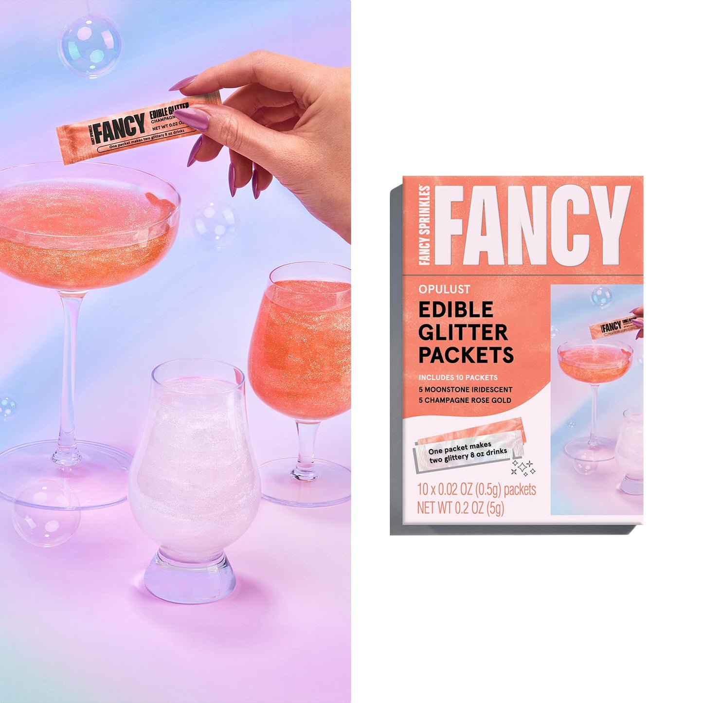 Fancy Sprinkles Edible Glitter Pack - Moonstone Iridescent & Champagne Rose Gold, 1 Pack, Perfect for Drinks & Cocktails