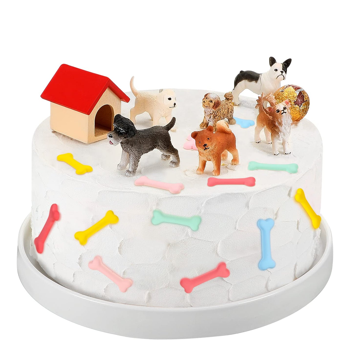 Chunful 18-Piece Dog Cake Topper Set, Plastic Puppy Figurines, Dog Bone & Kennel Decorations, Vivid Style, White/Black/Brown