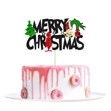 1Pcs Merry Christmas Cake Topper Red Green Glitter Merry Christmas Grenchhmas Cupcake Picks Merry Grenchhmas Theme New Year Holi