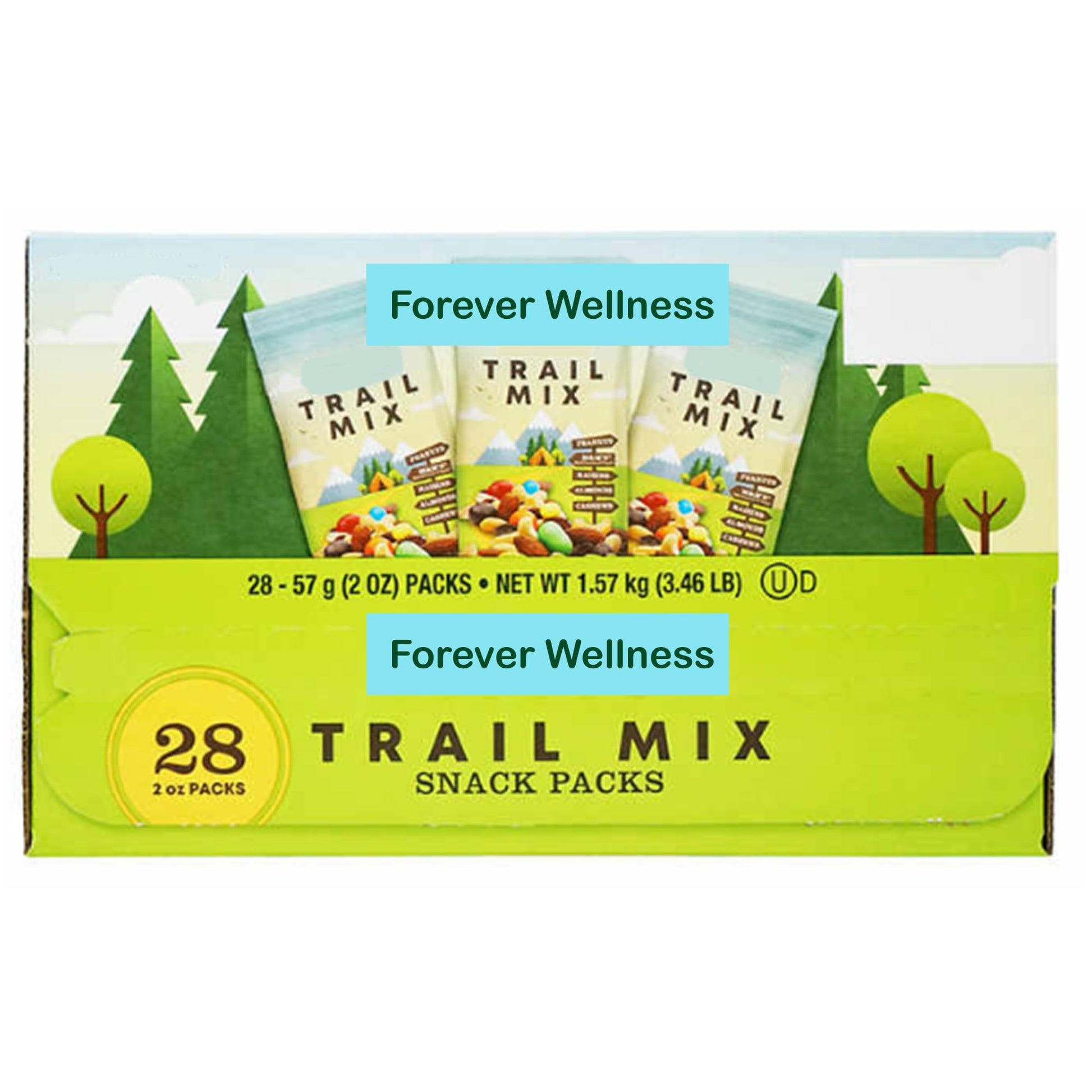 Forever Wellness Trail Mix Snack Packs, 2 oz, 28-count, Kosher Dairy, Snack pack: peanuts, peanut and milk chocolate, raisins, a