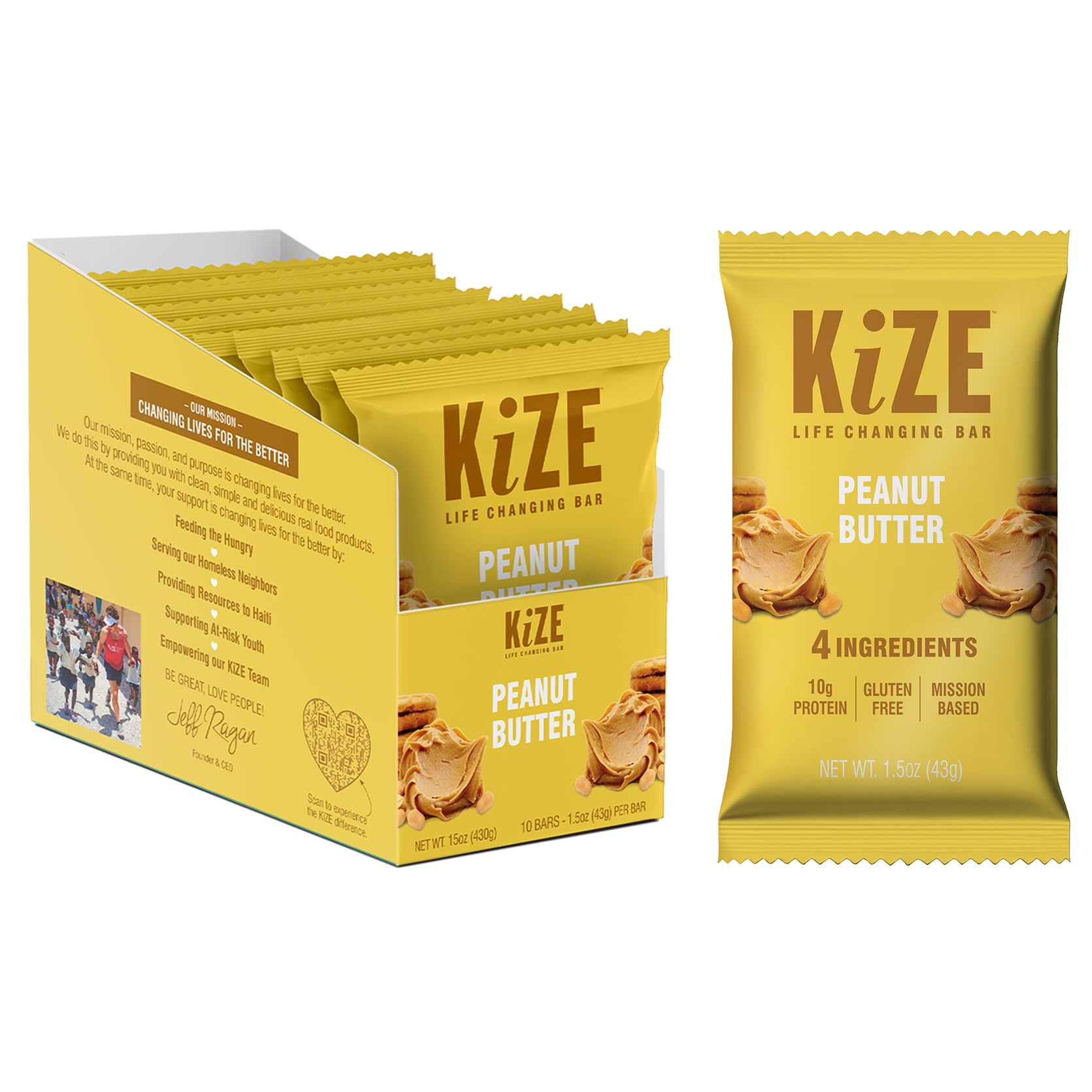 Kize Energy Peanut Butter High Protein Snack Bars, 10 Count, 10G Grass-Fed Whey Protein, Gluten Free, Non-Gmo, Soy Free, Mission