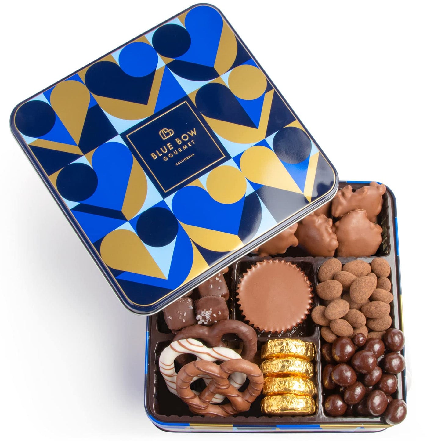 Blue Bow Gourmet Artisanal Chocolate Assortment Gift Tin - Full Size, Ideal for Birthdays, Thank You, and Holiday Gifts