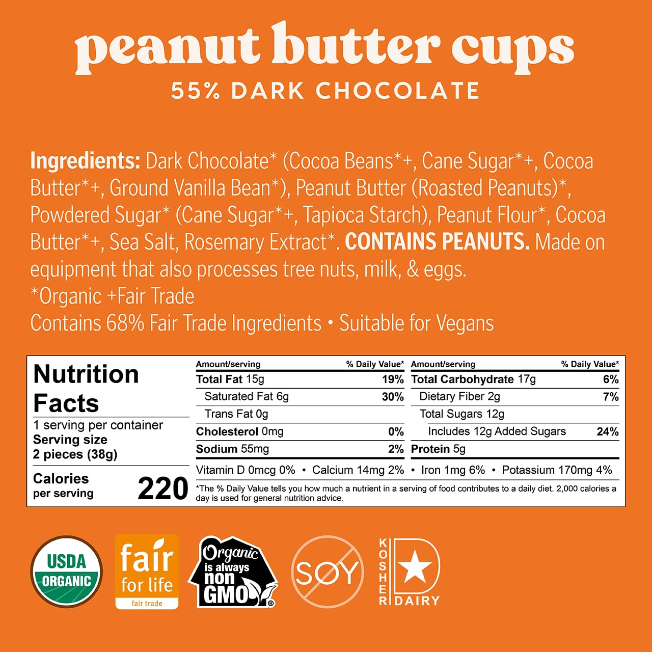 Theo Chocolate Organic Dark Chocolate Peanut Butter Cups,12 Pack