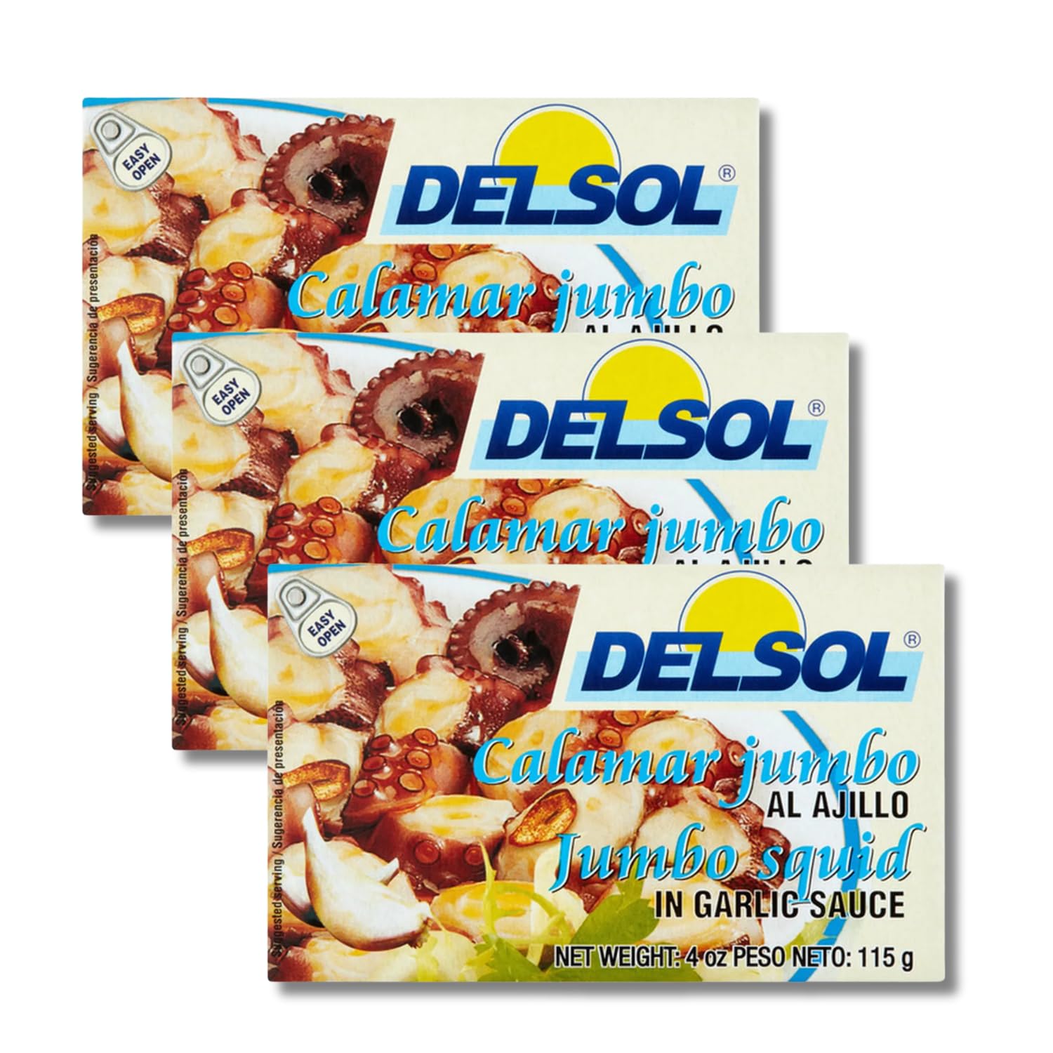 Del Sol Jumbo Squid In Garlic Sauce - Calamari Jumbo Al Ajillo - Gift Pack Of 3  4 Oz. Tins