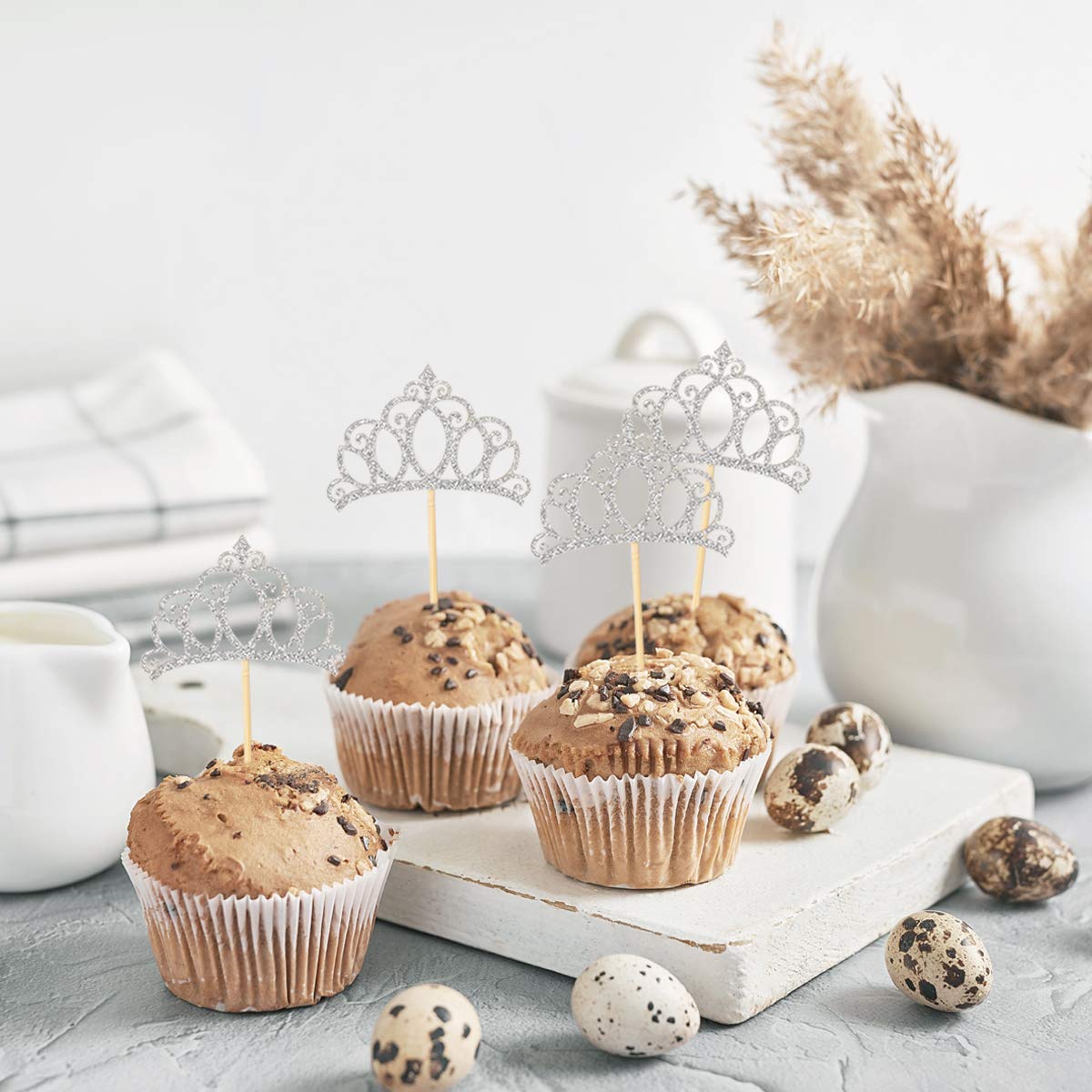 Donoter Silver Princess Crown Cupcake Toppers - 24 Count for Birthday Baby Shower Party Decorations