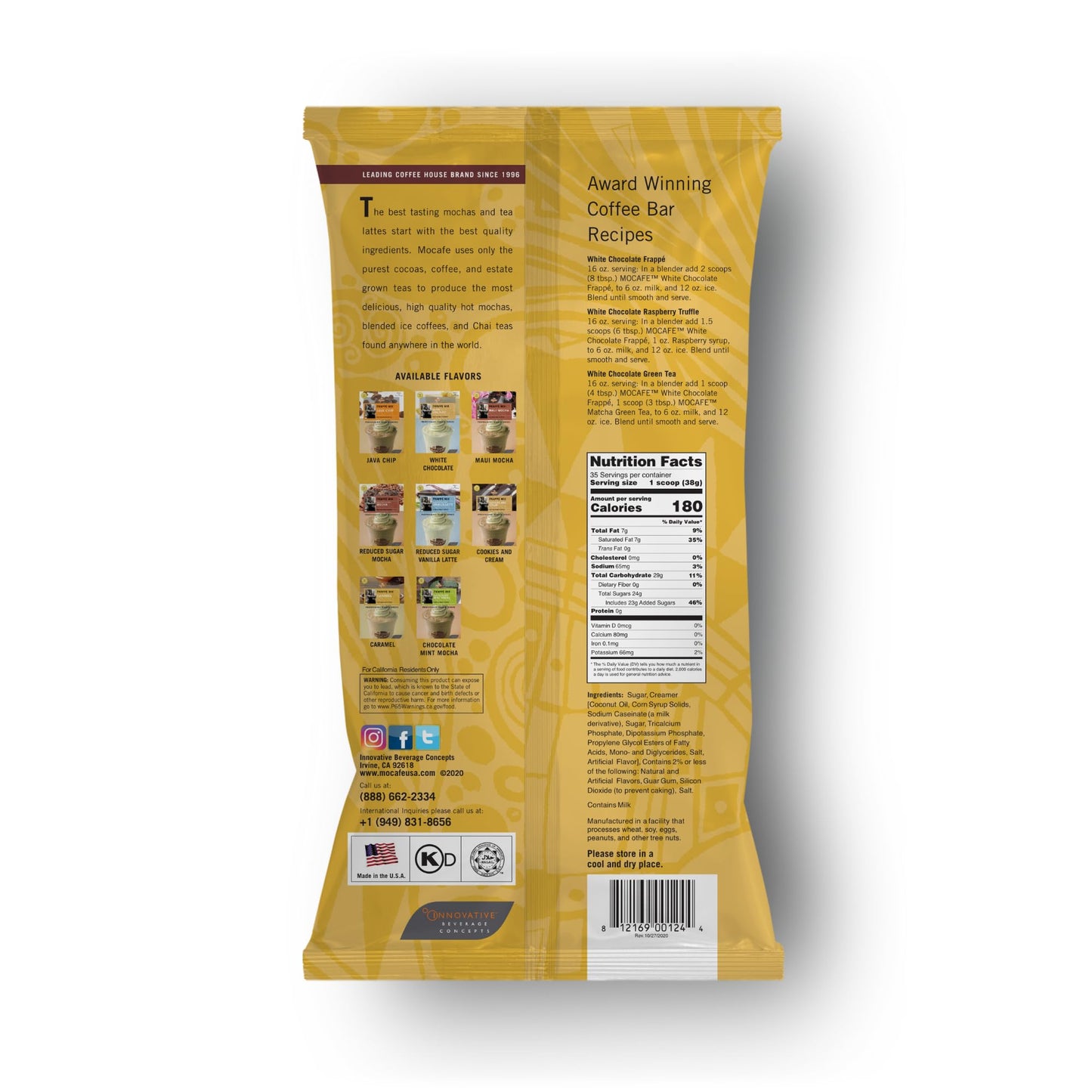 Mocafe White Chocolate Frappe Mix, Instant Blended Ice Beverage Powder, 3Lb Bulk Bag