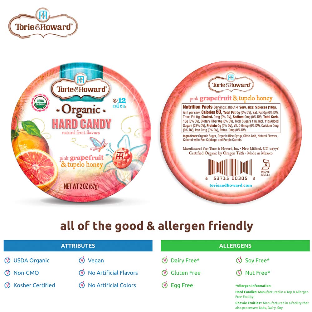 Torie And Howard Organic Hard Candy Tin, Pink Grapefruit And Tupelo Honey, 2 Ounce