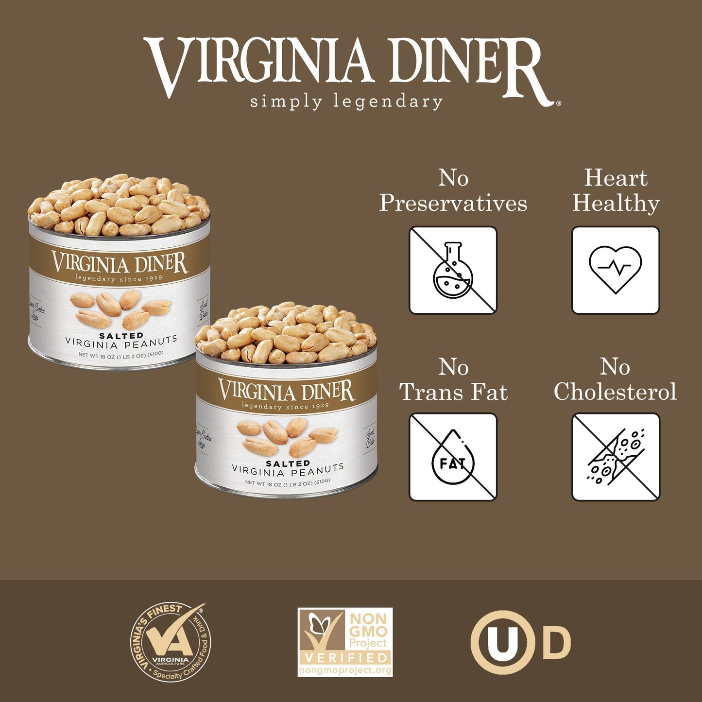 Virginia Diner Gourmet Blister Roasted All Natural Xl Virginia Peanuts With Unique Crunch Heart Healthy Snack Or Gift 18Oz (2 Pa