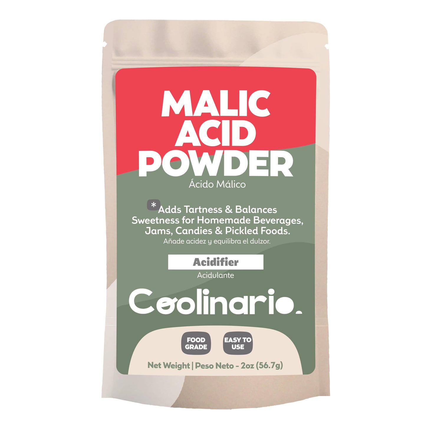 Coolinario Malic Acid Powder Food Grade Flavor Enhancer for Beverages, Jams & Candy, 2 Oz