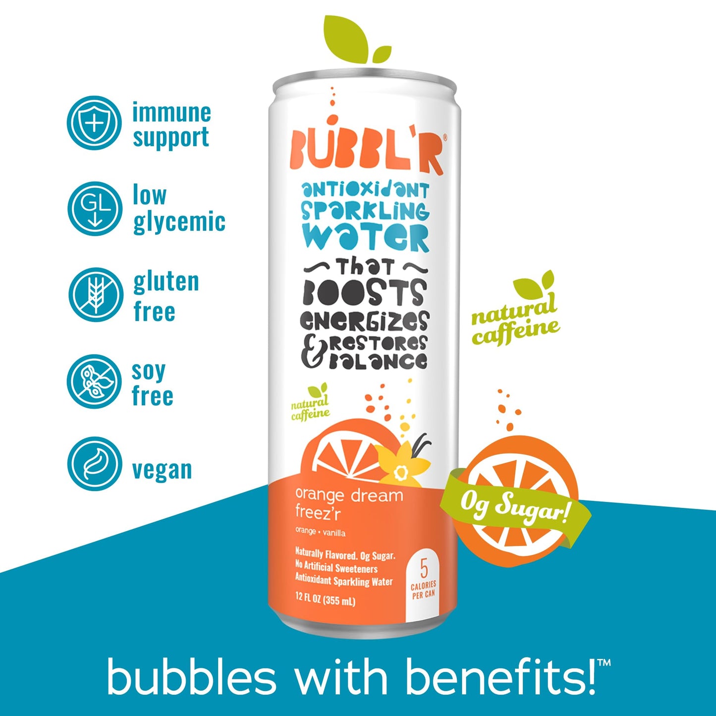 Bubblr Antioxidant Sparkling Water, Orange Dream Flavor, 12 Fl Oz Cans, Pack of 12, Gluten Free, 0g Sugar