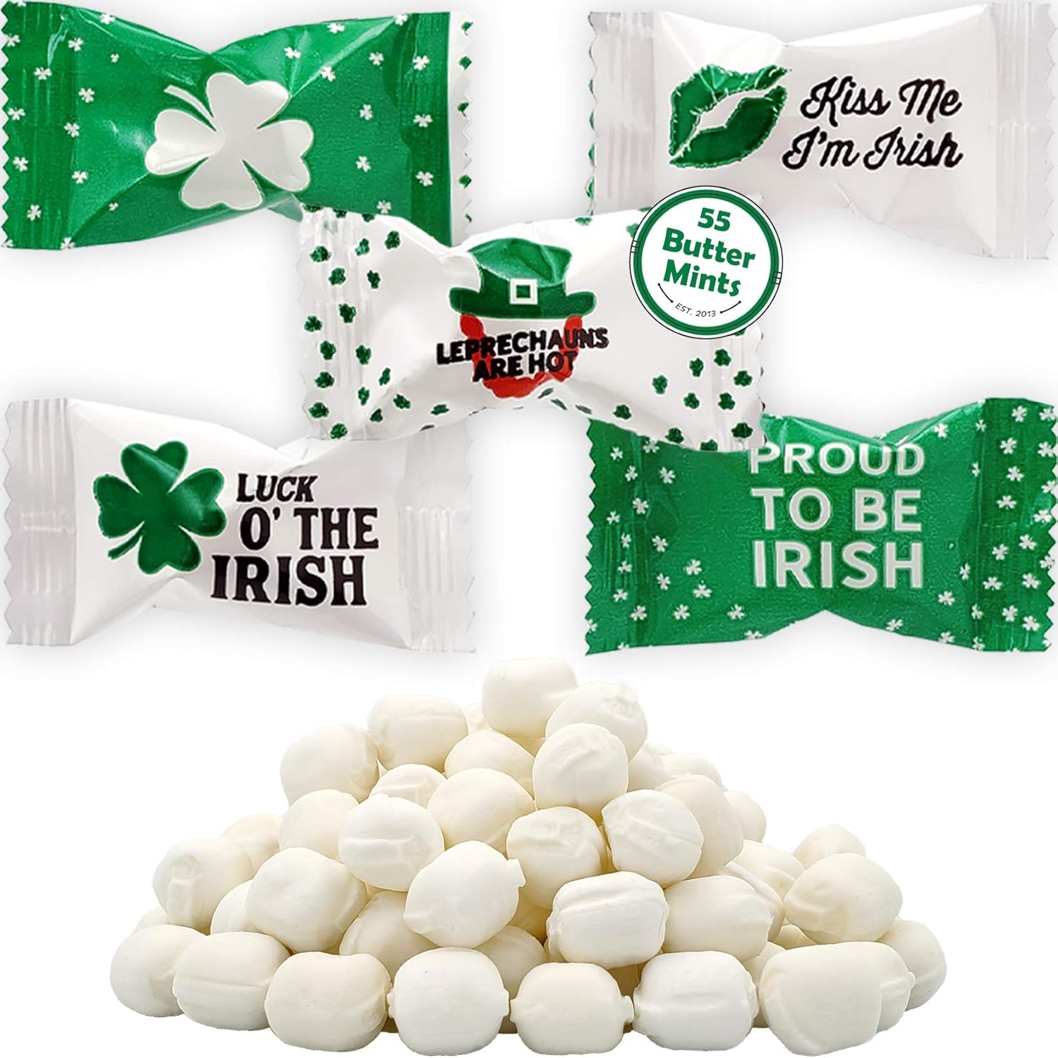 The Dreidel Company St. Patricks Irish Buttermints, Fat-Free Mint Candies, 100 Count, Green Leprechaun Design