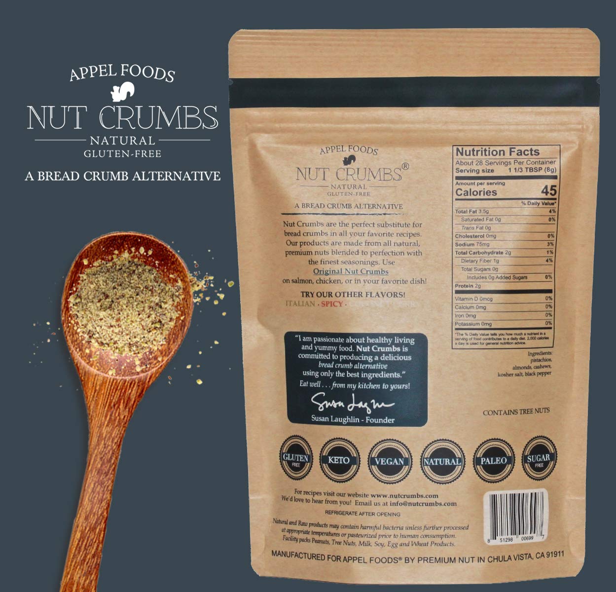Appel Foods - Nut Crumbs - Bread Crumb Alternative - Gluten Free - Sugar Free - Low Carb - Low Sodium - Raw, Premium Nuts - Orig