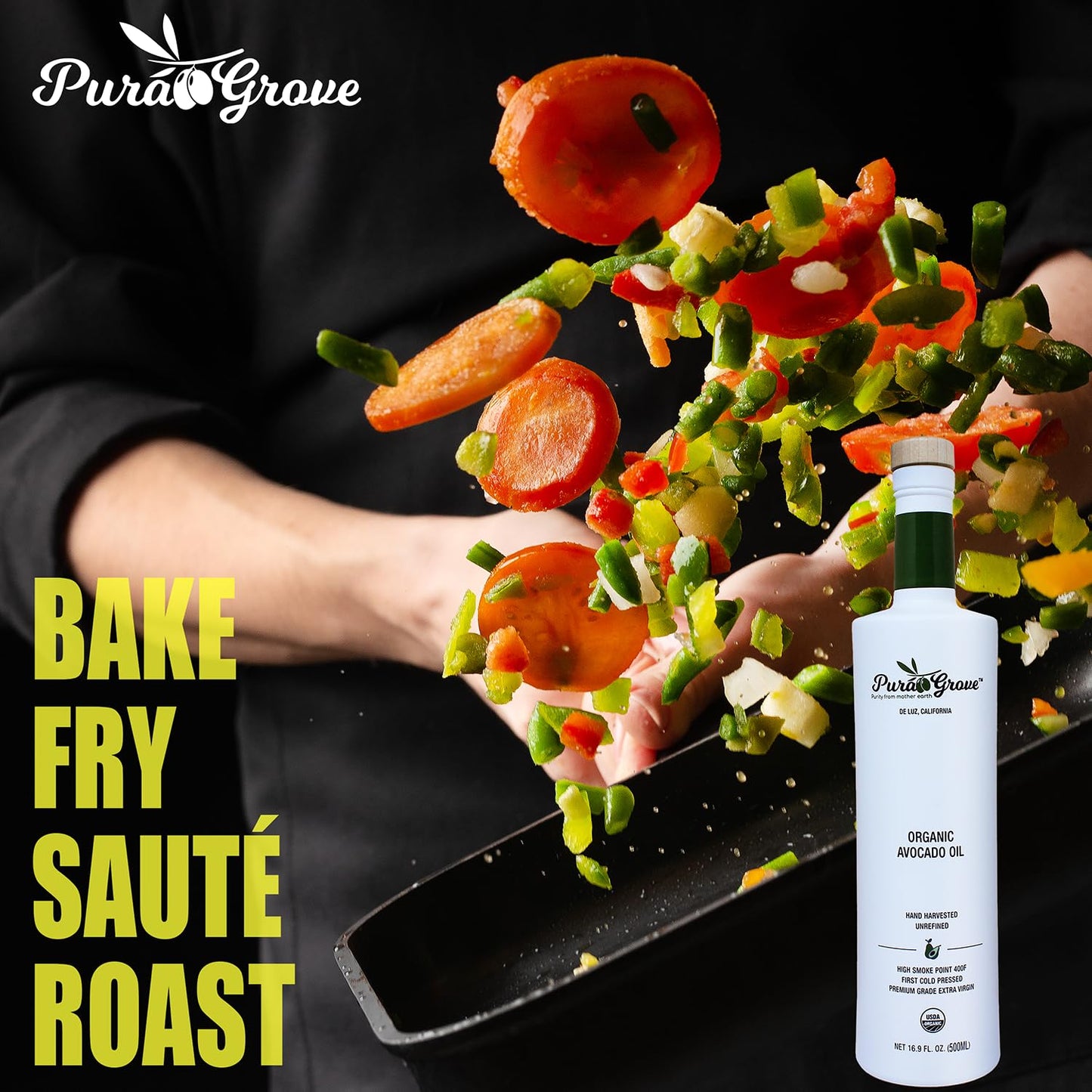 Pura Grove Organic Avocado Oil For Cooking - High Smoke Point Cold Pressed enhanced Grade Avocado Oil - 16.9 Fl Oz Opaque Glass Bottle