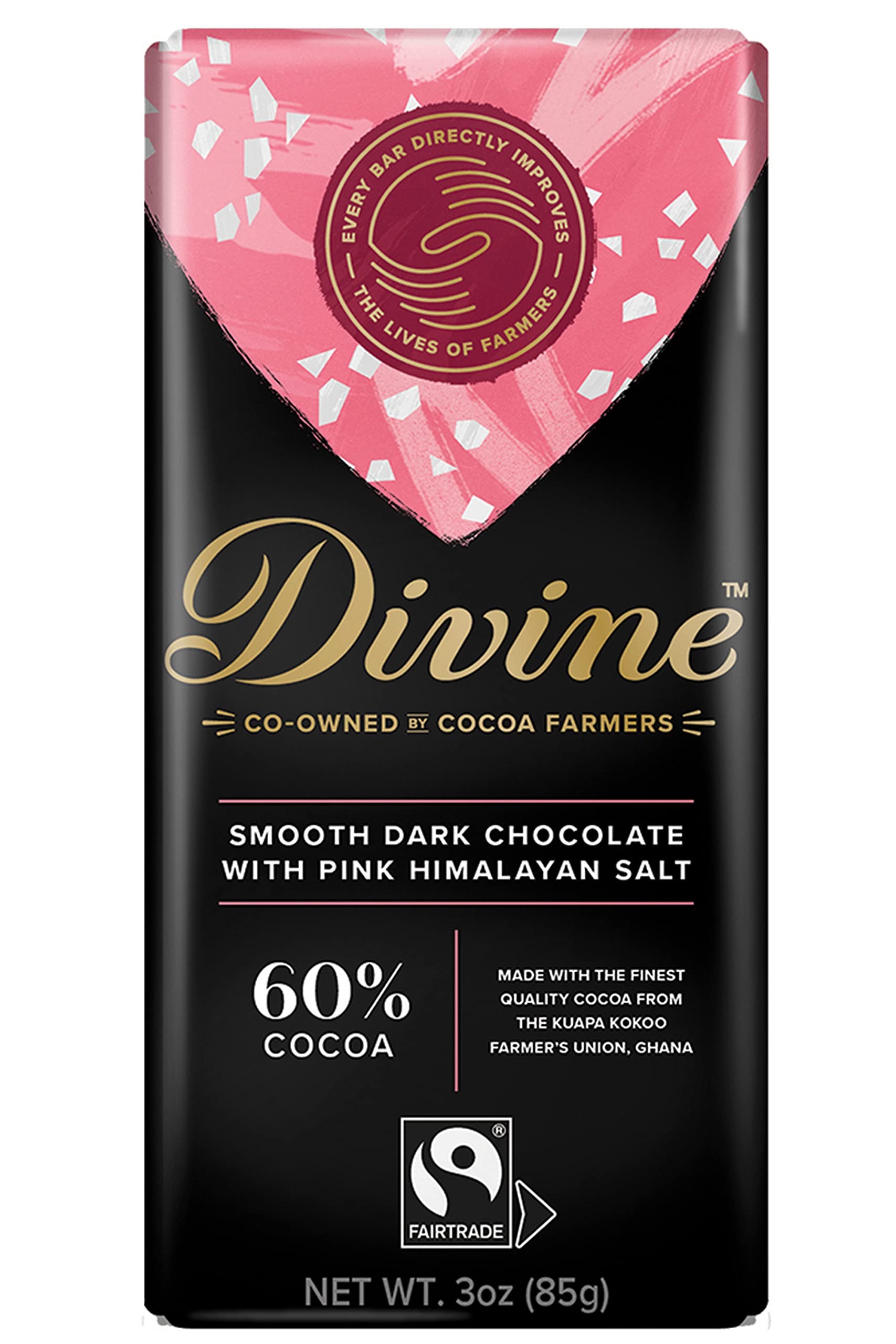 Divine Chocolate Bars - 60% Dark Chocolate with Pink Himalayan Salt - Made with Fairtrade Cocoa, Natural Ingredients, No Artific