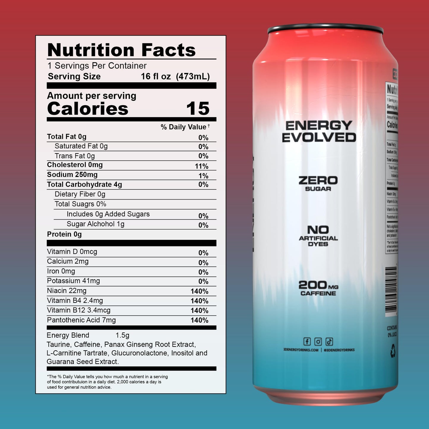 3D Energy Drink - Sugar Free  200mg Caffeine  Pre Workout  Taurine  L-Carnitine  Lightly Carbonated  16oz Cans  12 Pack - Liberty Pop