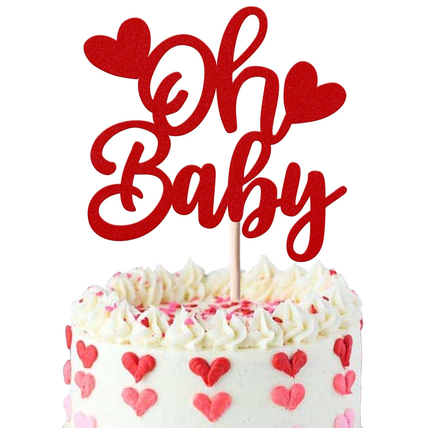 YCTHUNFISH Valentines Day Cake Topper, Glitter Heart Design, Bamboo Material, Red, Baby Shower, Kids Birthday Party Decoration
