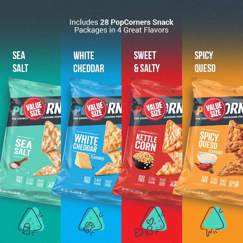 Pop-Cornners Snacks Gluten Free Chips, 5 Flavor Variety Pack 28 Count 1 Oz Bags Packaged By Doomi, Individual Snack Bags In Sea
