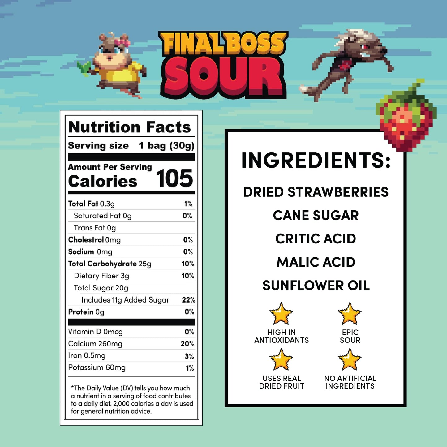 Final Boss Sour Candy  Extremely Super Sour Gummy Candy  Strawberry  LvL 2  (1.06 Ounces Bags  10 Bags) - Gummies Made with Dried Fruit  Free of Artificial Colors  Low Calorie Healthy Snack for Kids & mature-themeds