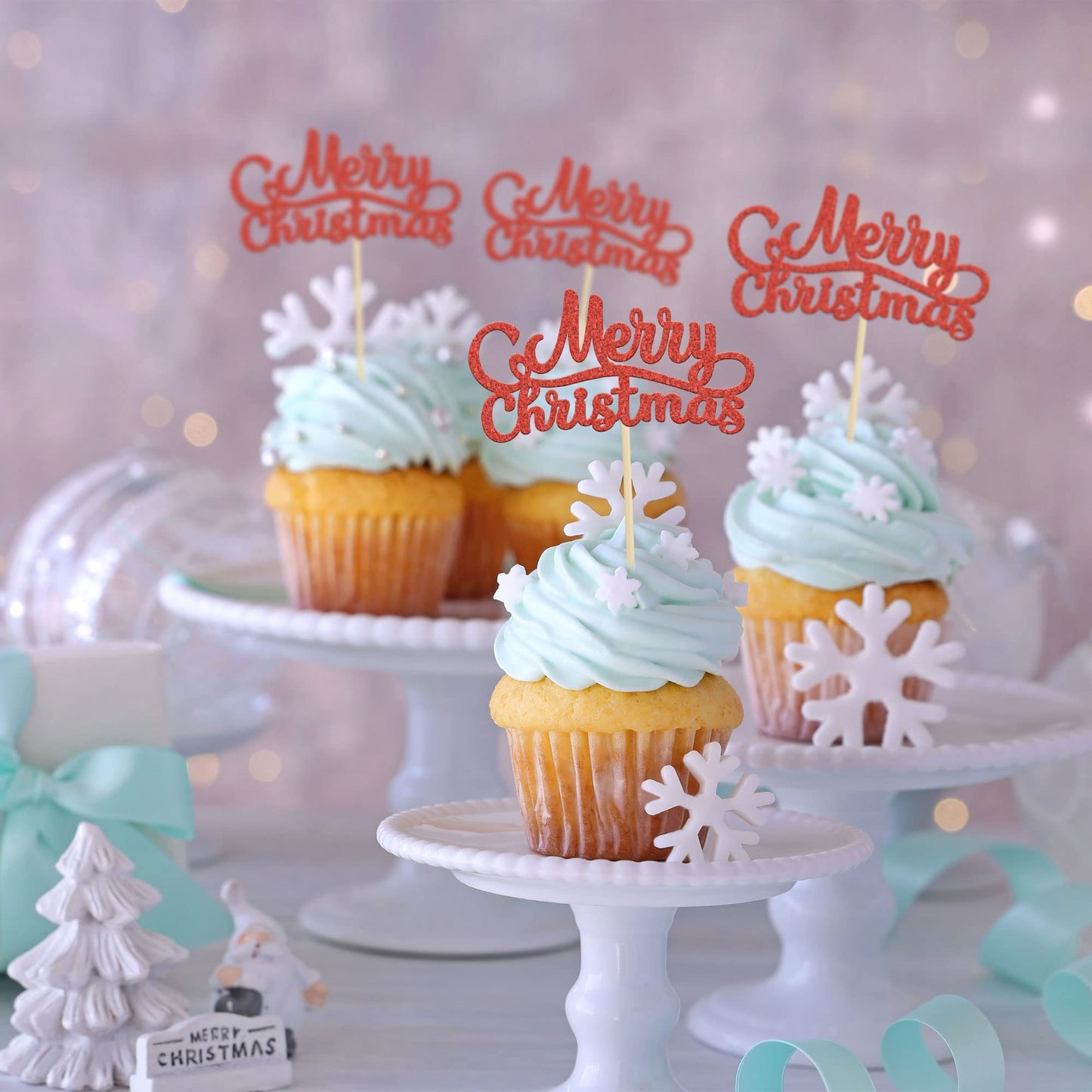 Gyufise 24 Pack Merry Christmas Cupcake Toppers Red Glitter Xmas Holiday Cake Picks Decorations For Christmas New Year Ceremony