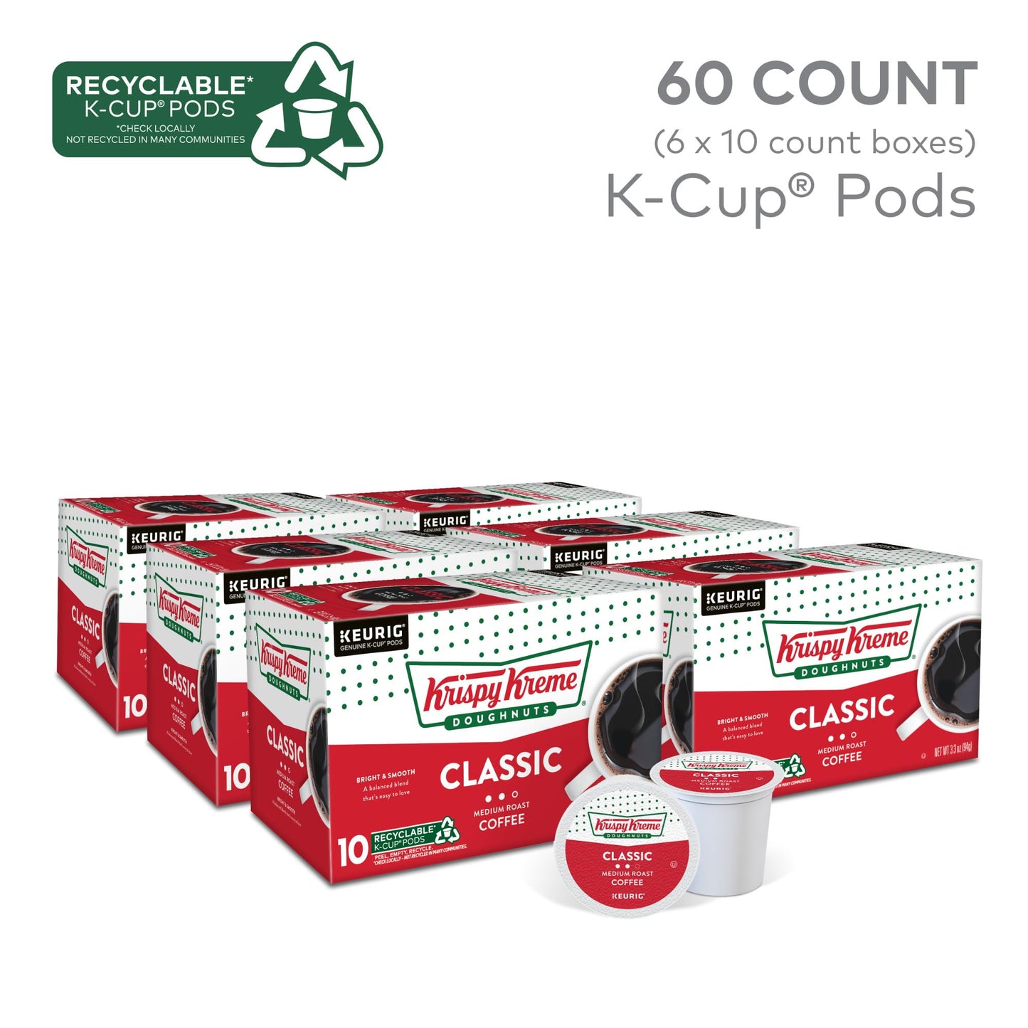 Krispy Kreme Classic Keurig Single-Serve K-Cup Pods, Medium Roast Coffee, 60 Count (6 Packs Of 10)