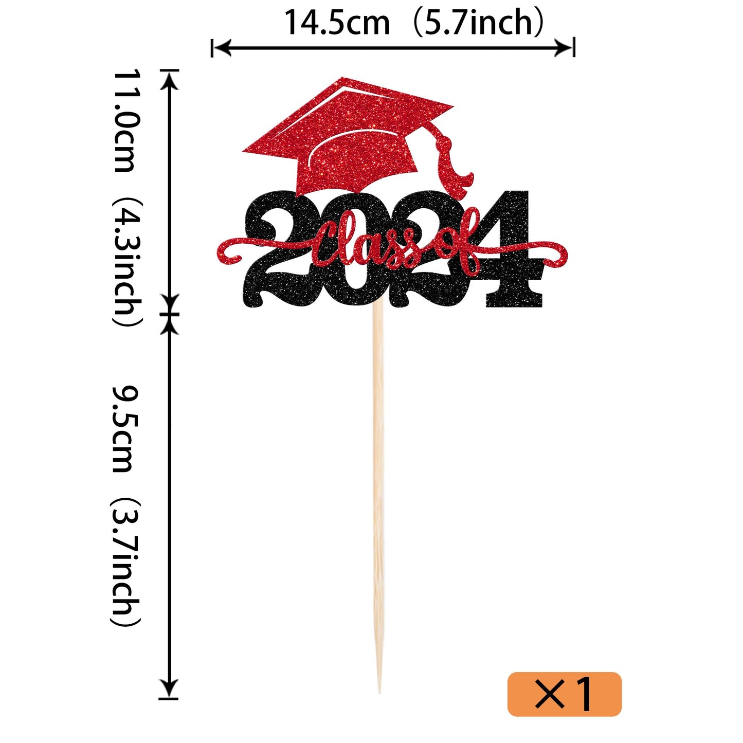 YCTHUNFISH Graduation Cake Topper - Class of 2024 Glitter Cap Decoration, Black & Red, Bamboo Material