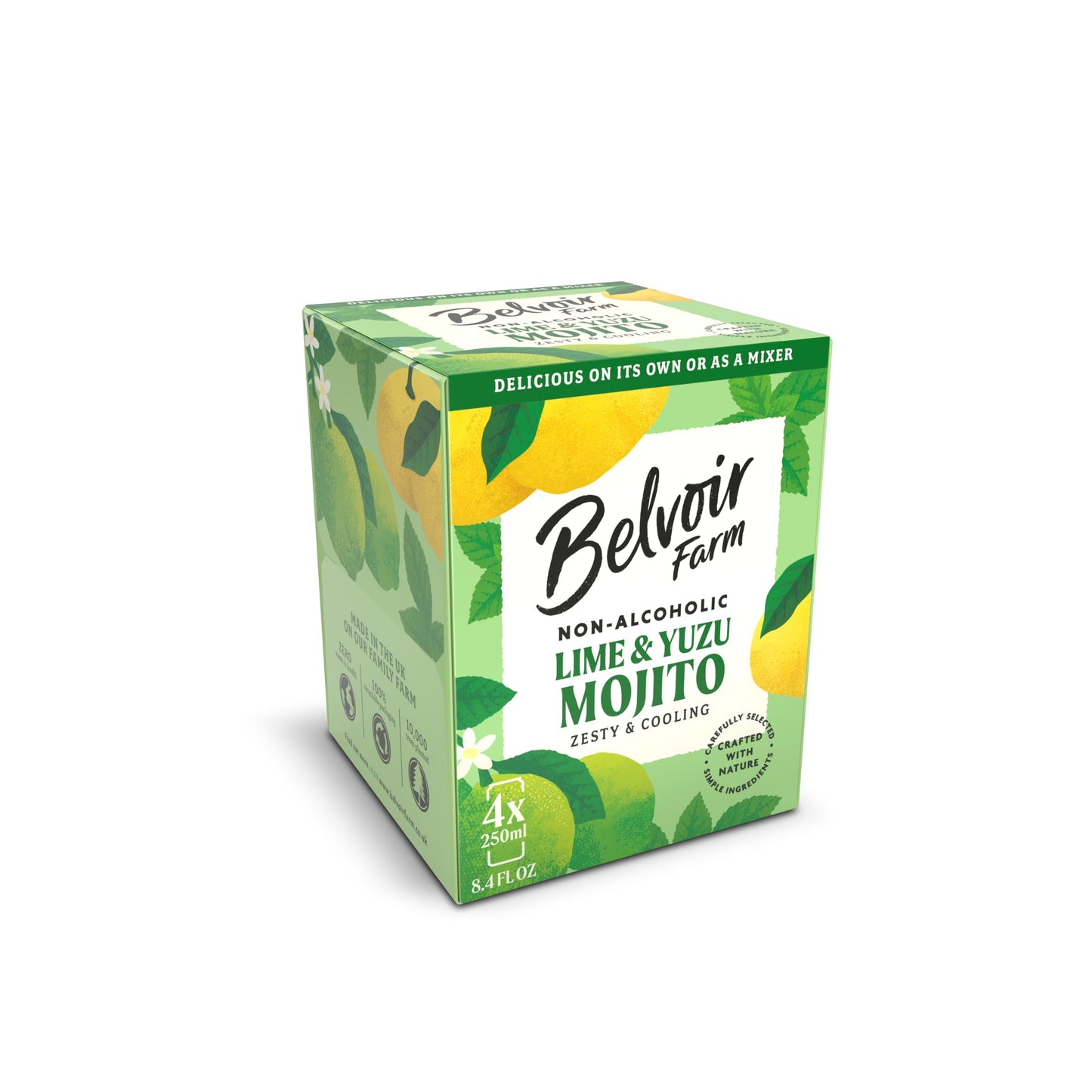 Belvoir Non Alcoholic Lime & Yuzu Mojito Cans – Refreshing Beverage, Organic, Zero Sugar, 4-Pack