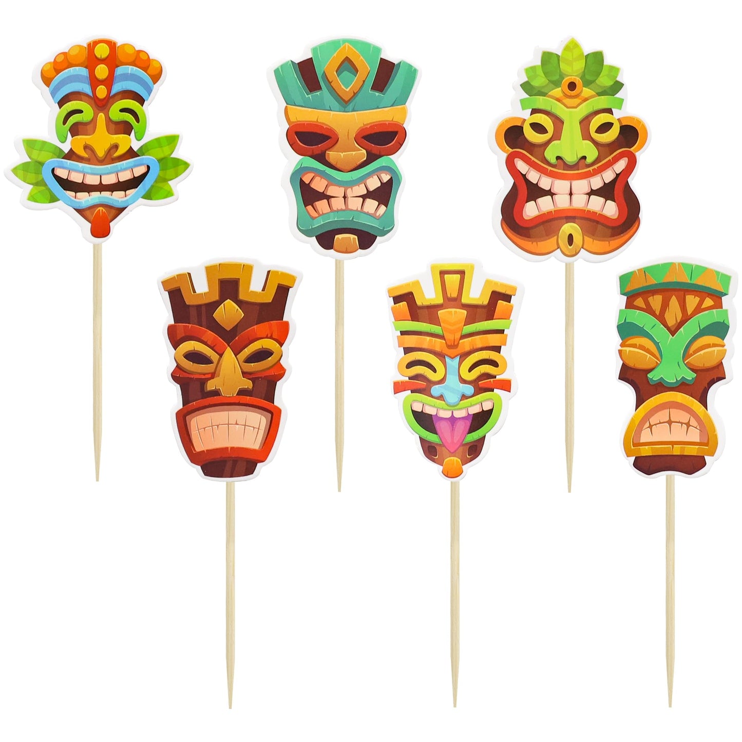 Gyufise 36Pcs Tiki Tribal Masks Cupcake Toppers Hawaiian Tropical Tiki Totem Cupcake Picks Summer Hawaiian Aloha Tropical Birthd