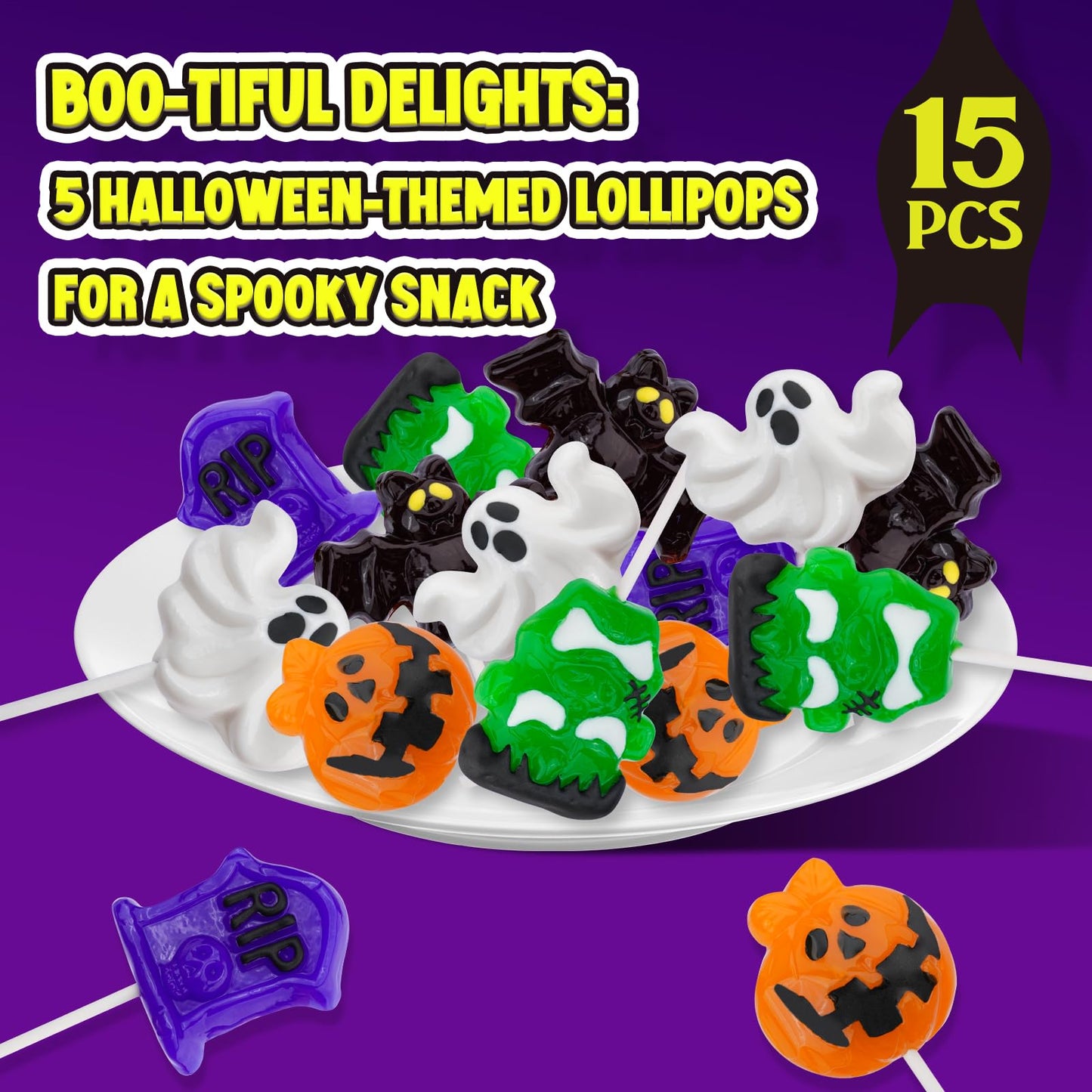 Amos Halloween Candy Lollipops, 15ct Individually Wrapped Monster Variety Suckers - Fun Trick-or-Treat Goodie Bag & Party Favor