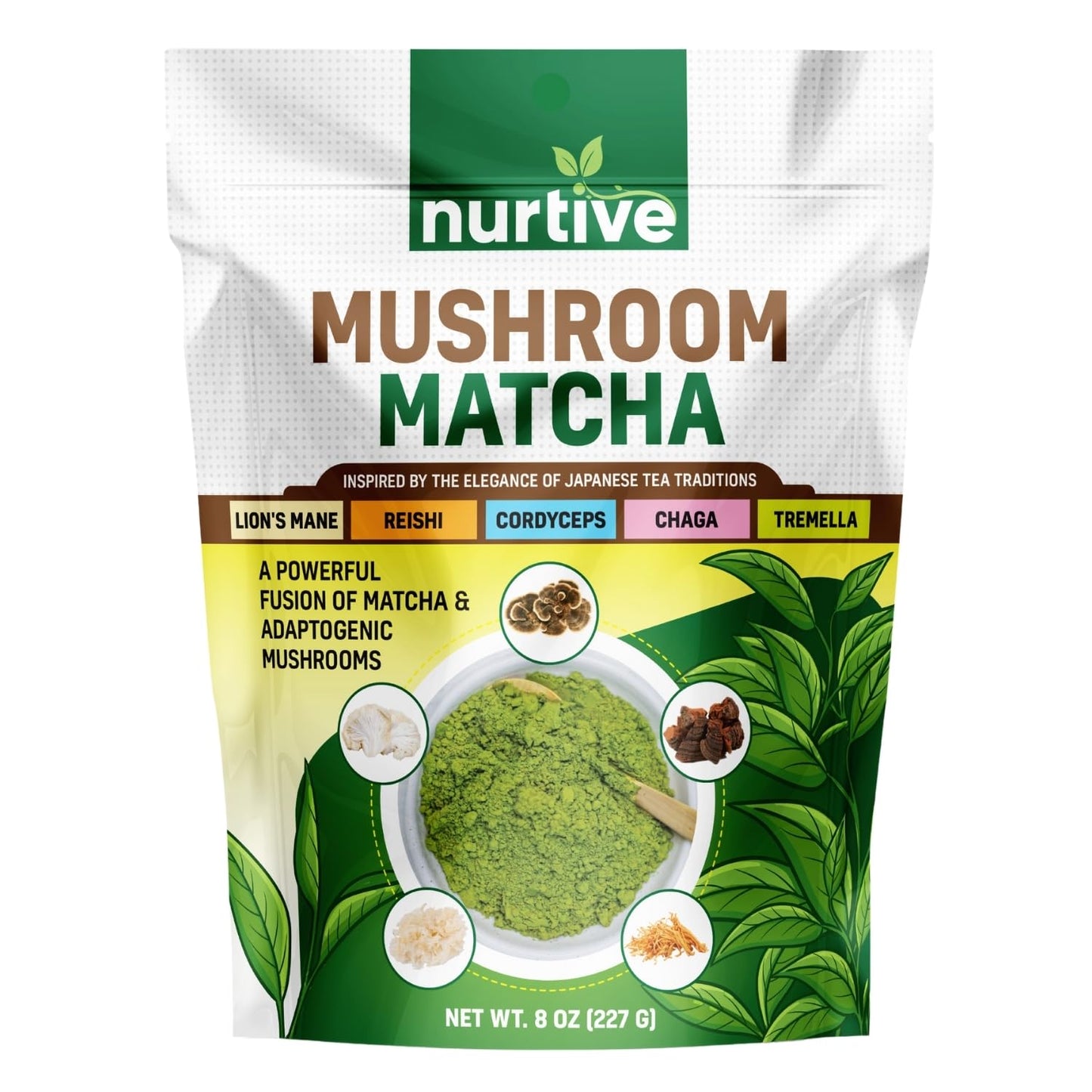 Nurtive Mushroom Matcha Powder - Harmonious Blend of Ceremonial Matcha and Adaptogenic Mushrooms, Including Lions Mane, Reishi,