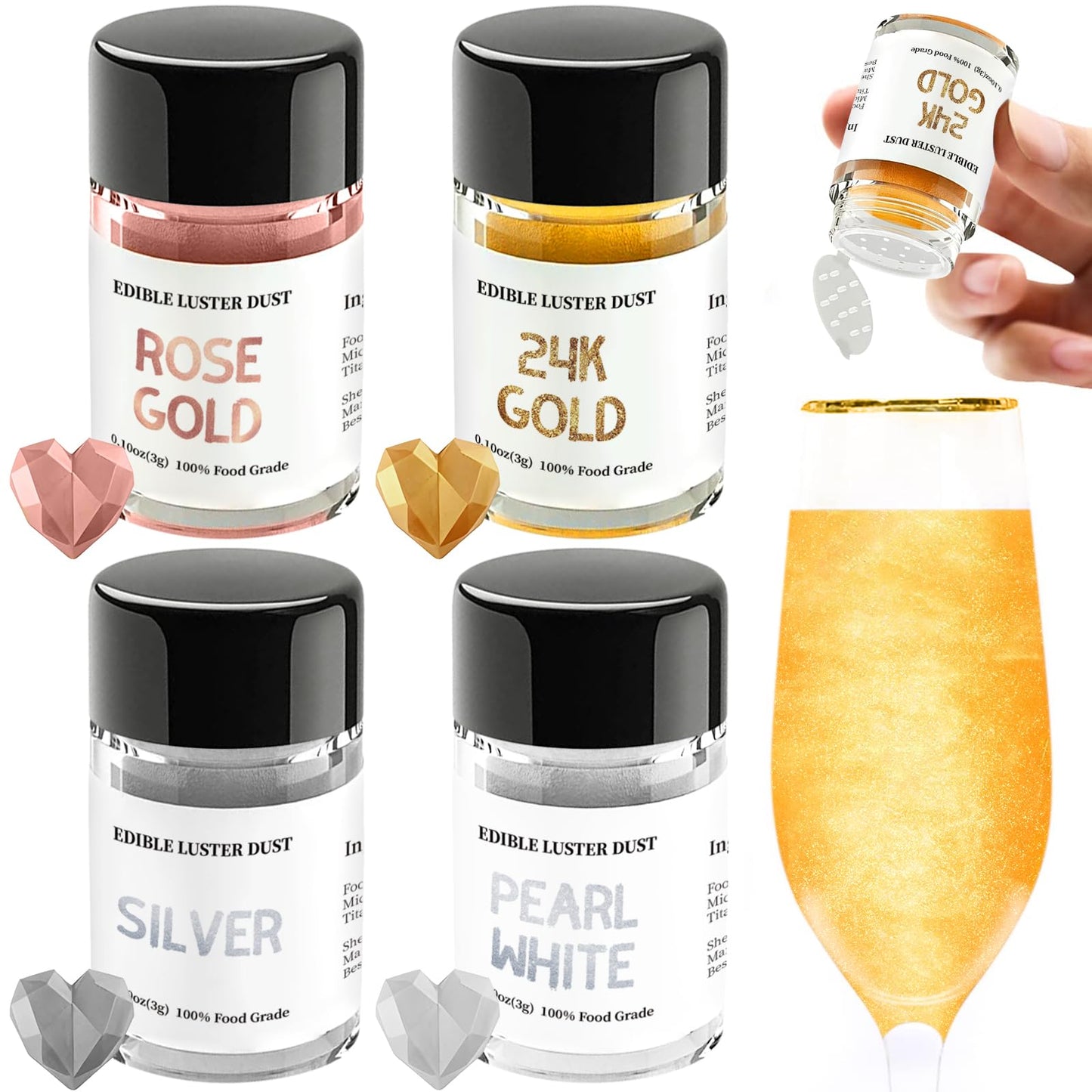 INOCERIS Luster Dust Set, Edible Glitter for Baking & Drinks, 3g, 4 Color Set
