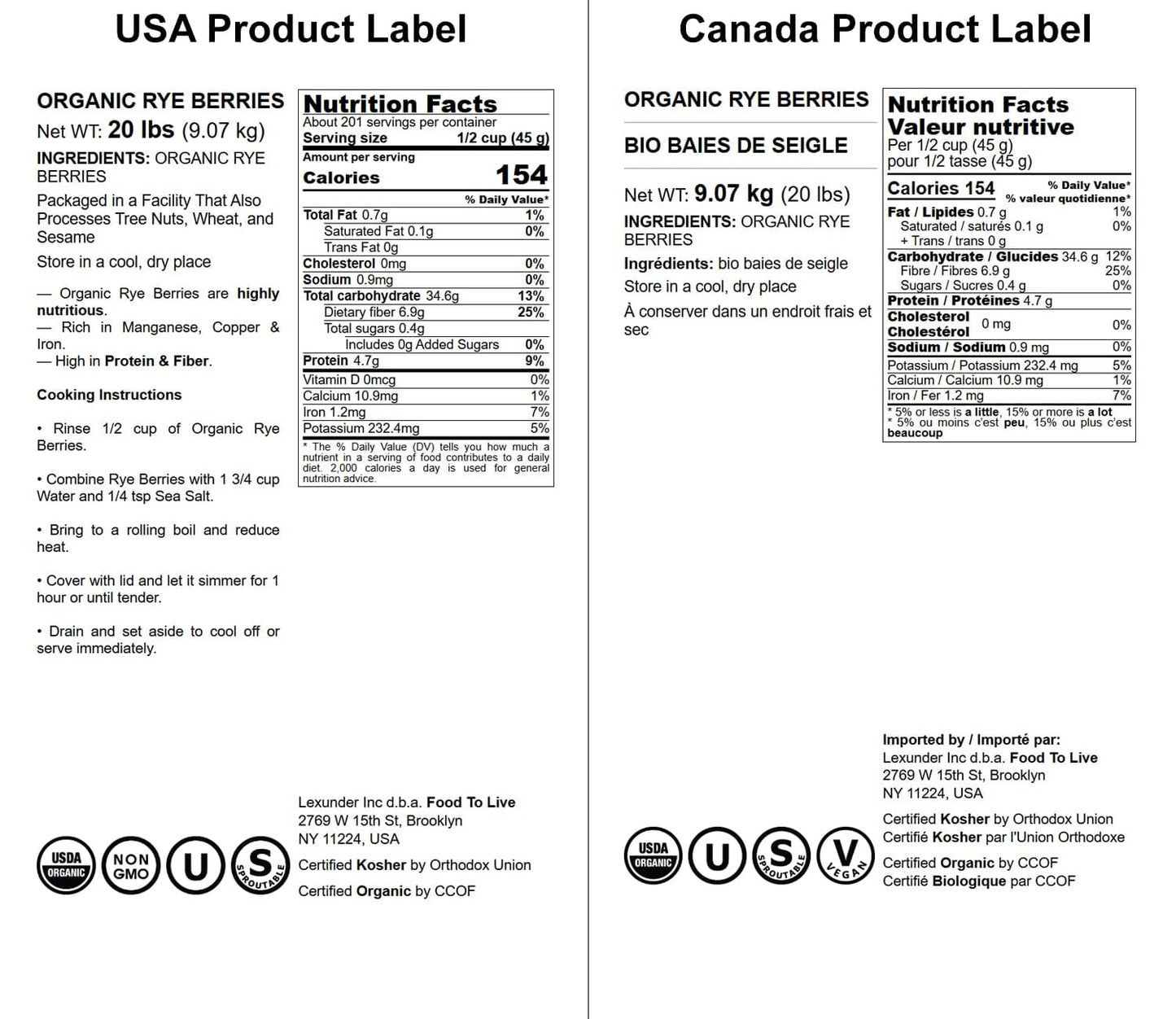 Food to Live Organic Rye Berries, Non-GMO, Kosher, Raw, 20 Pounds