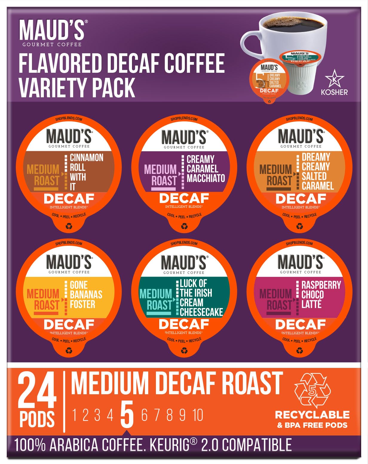 MAUDS Flavored Decaf Coffee Sampler Pack, 24 Count, 6 Flavors, Single Serve Pods, 100% Arabica, KCup Compatible