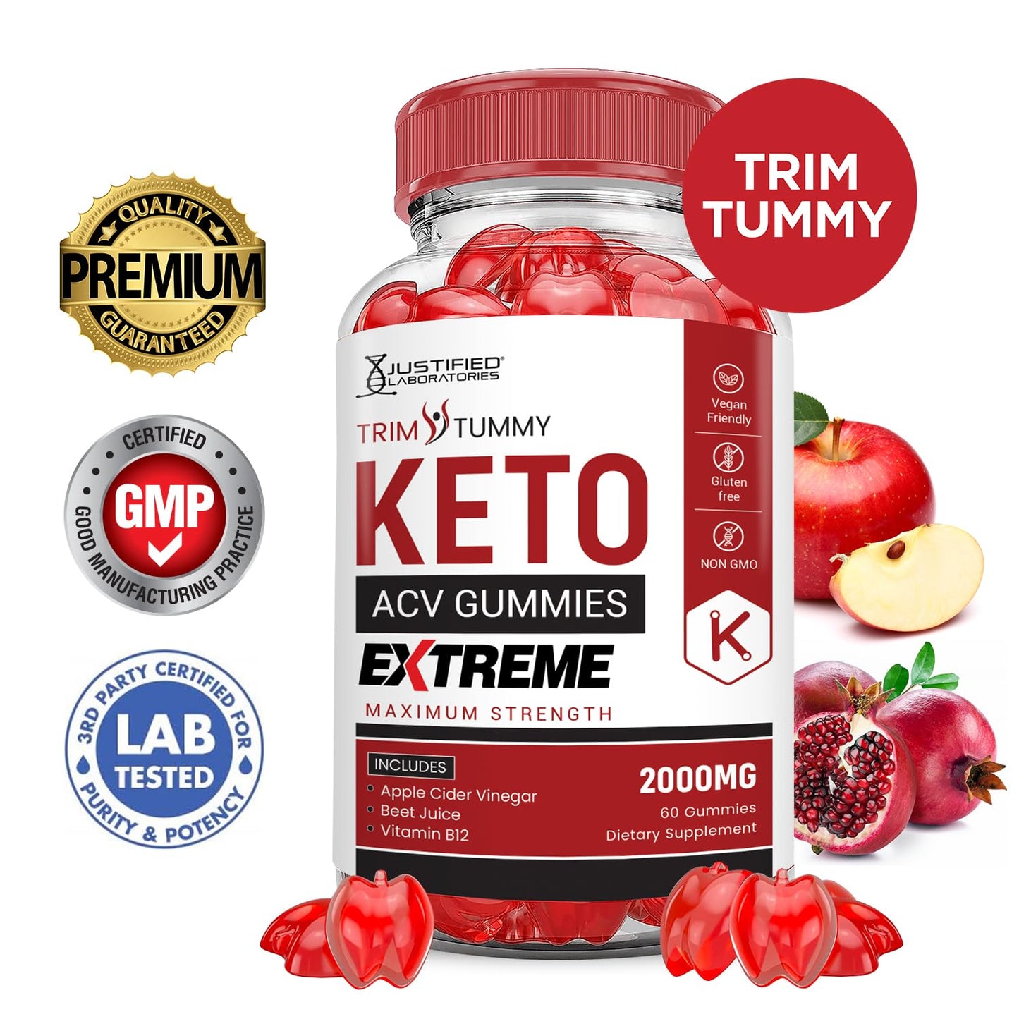 Justified Laboratories Trim Tummy Keto ACV Gummies, 2000MG, 60 Count (Pack of 3) Vegan Non-GMO