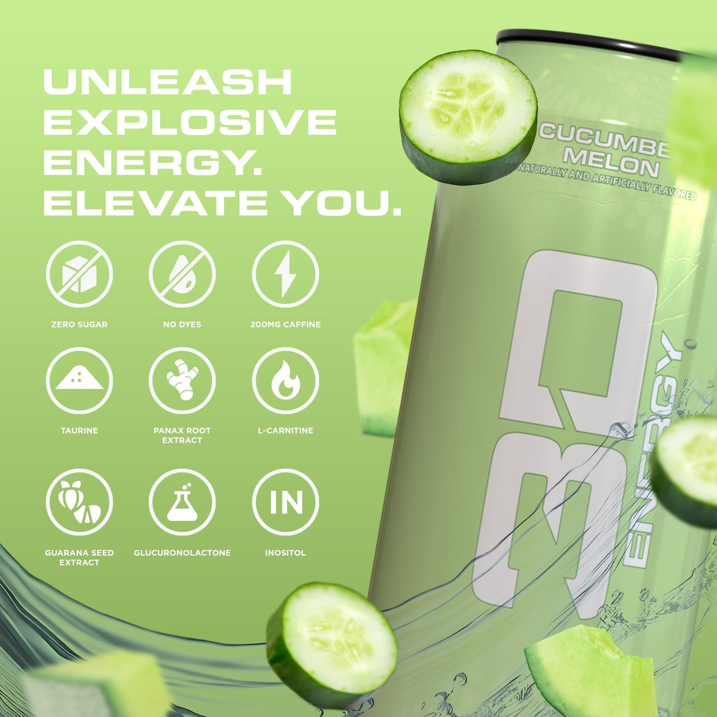 3D Energy Drink - Sugar Free  200mg Caffeine  Pre Workout  Taurine  L-Carnitine  Lightly Carbonated  16oz Cans  12 Pack - Cucumber Melon